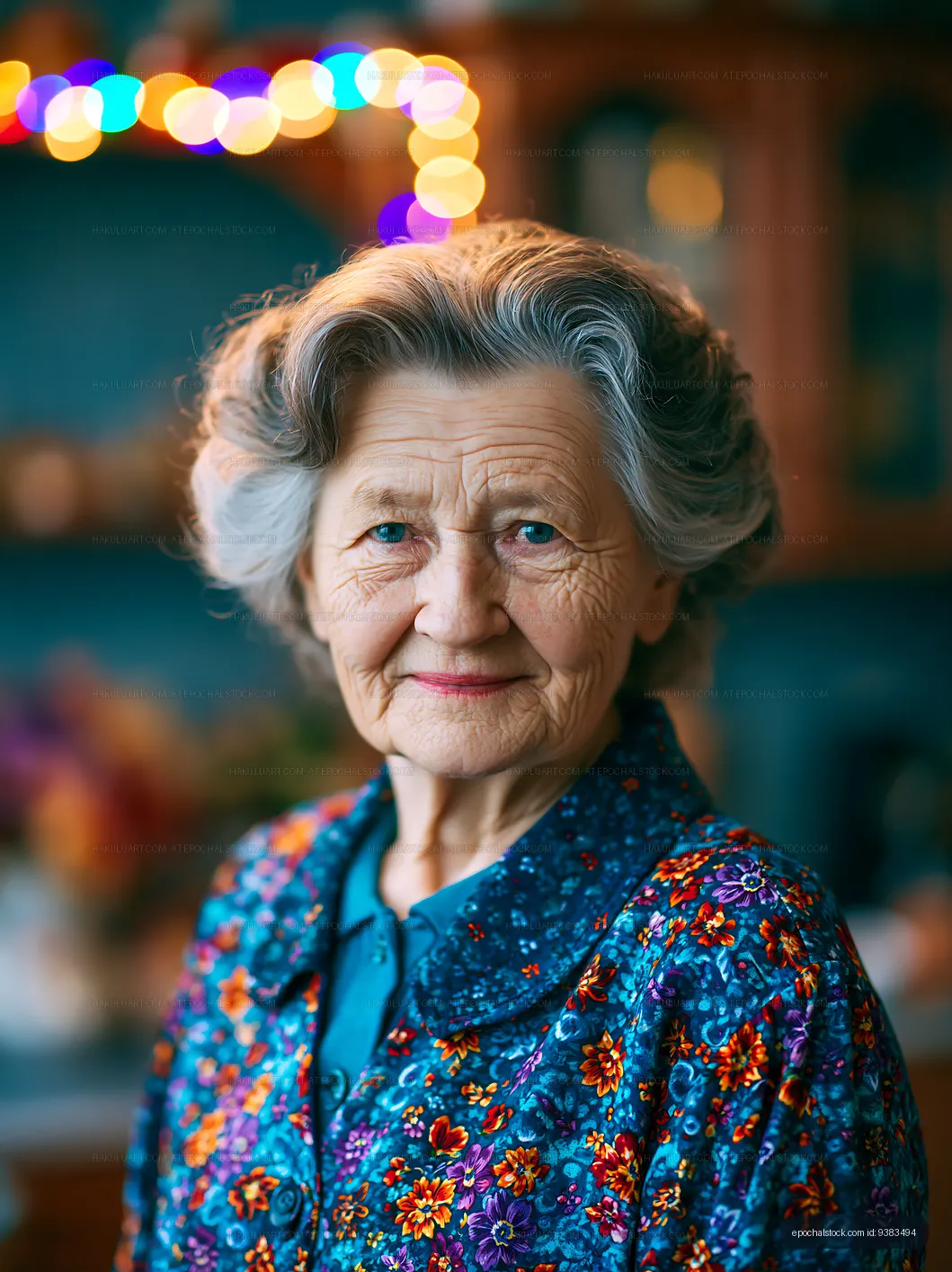 Elderly woman smiling in a cozy kitchen setting