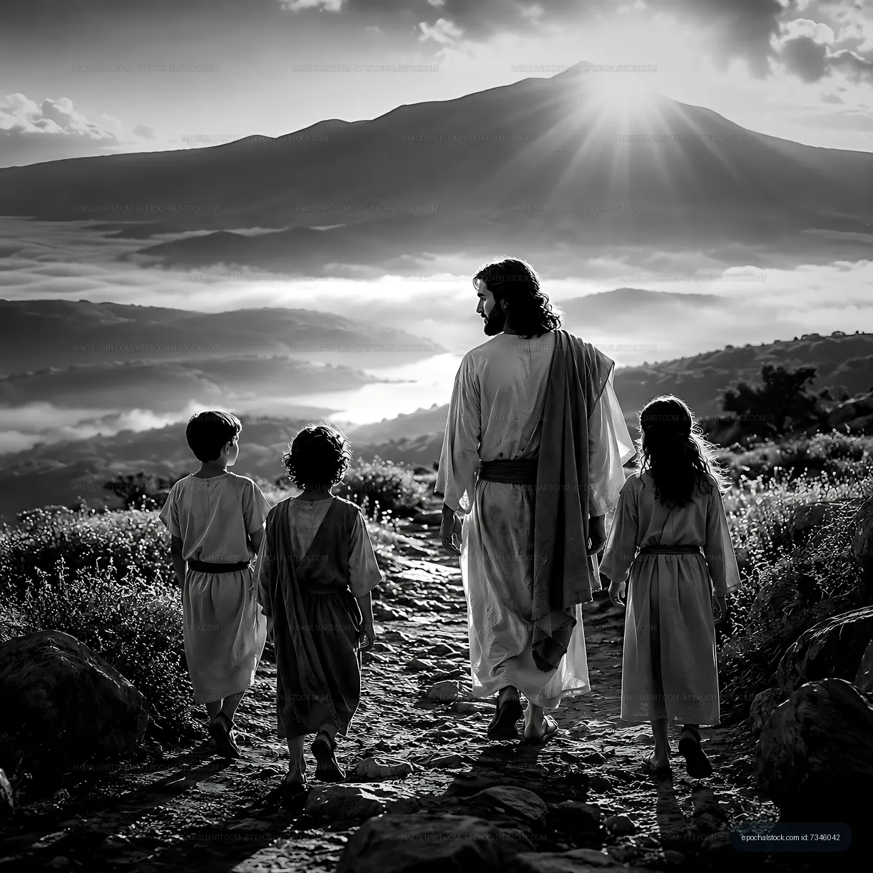 Walking towards the mountains with children