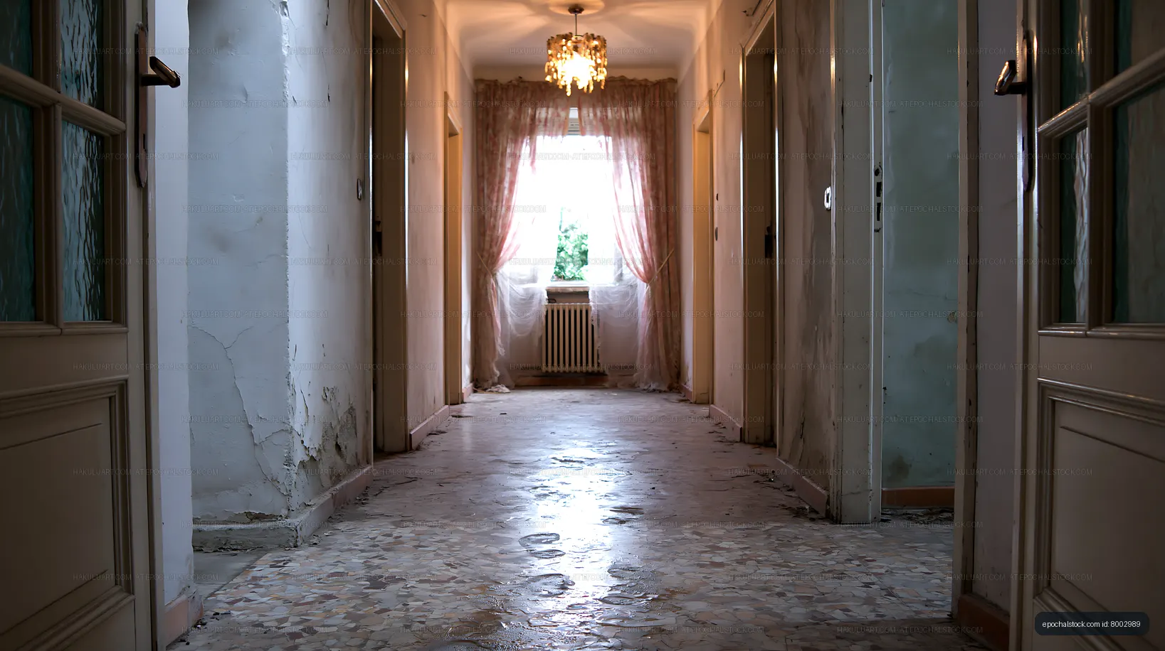 Old hallway with cracked walls and a window at the end
