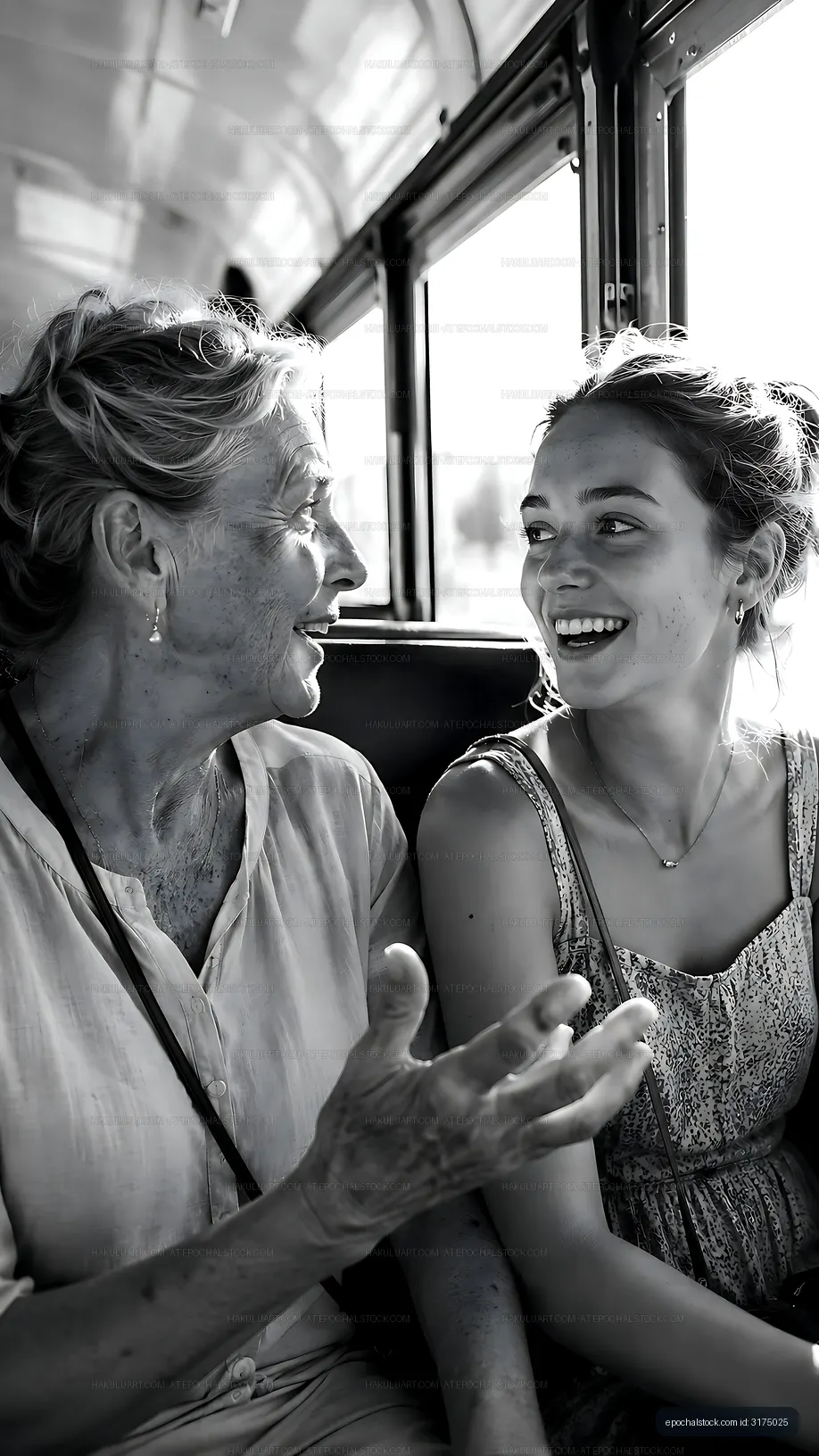 Two women sitting on a bus talking and laughing