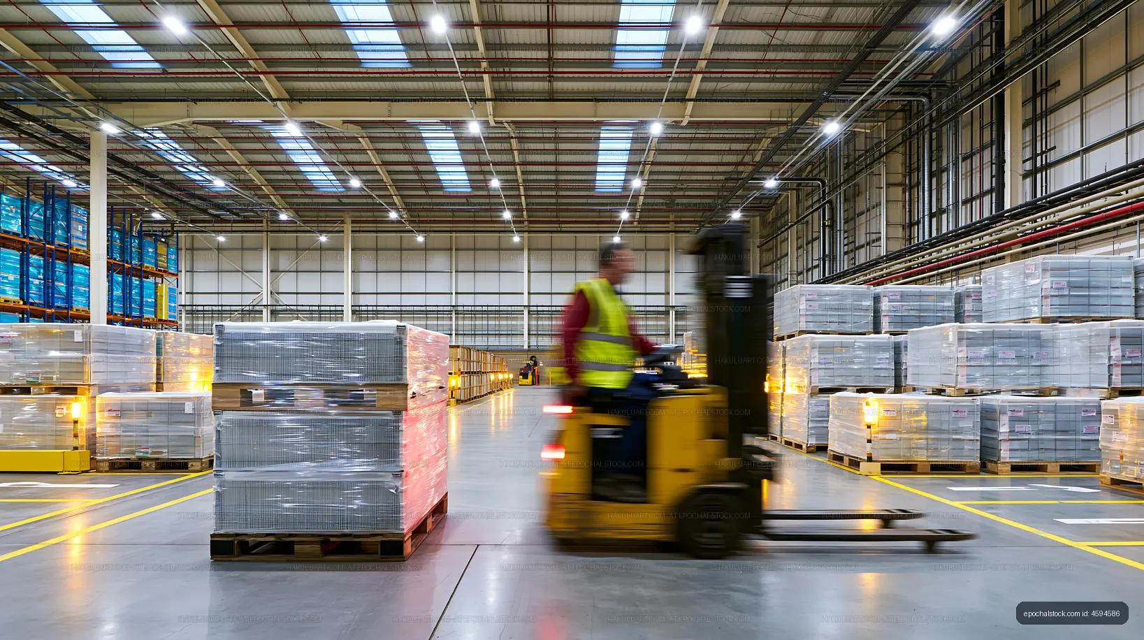 Forklift moving pallets in a large warehouse facility