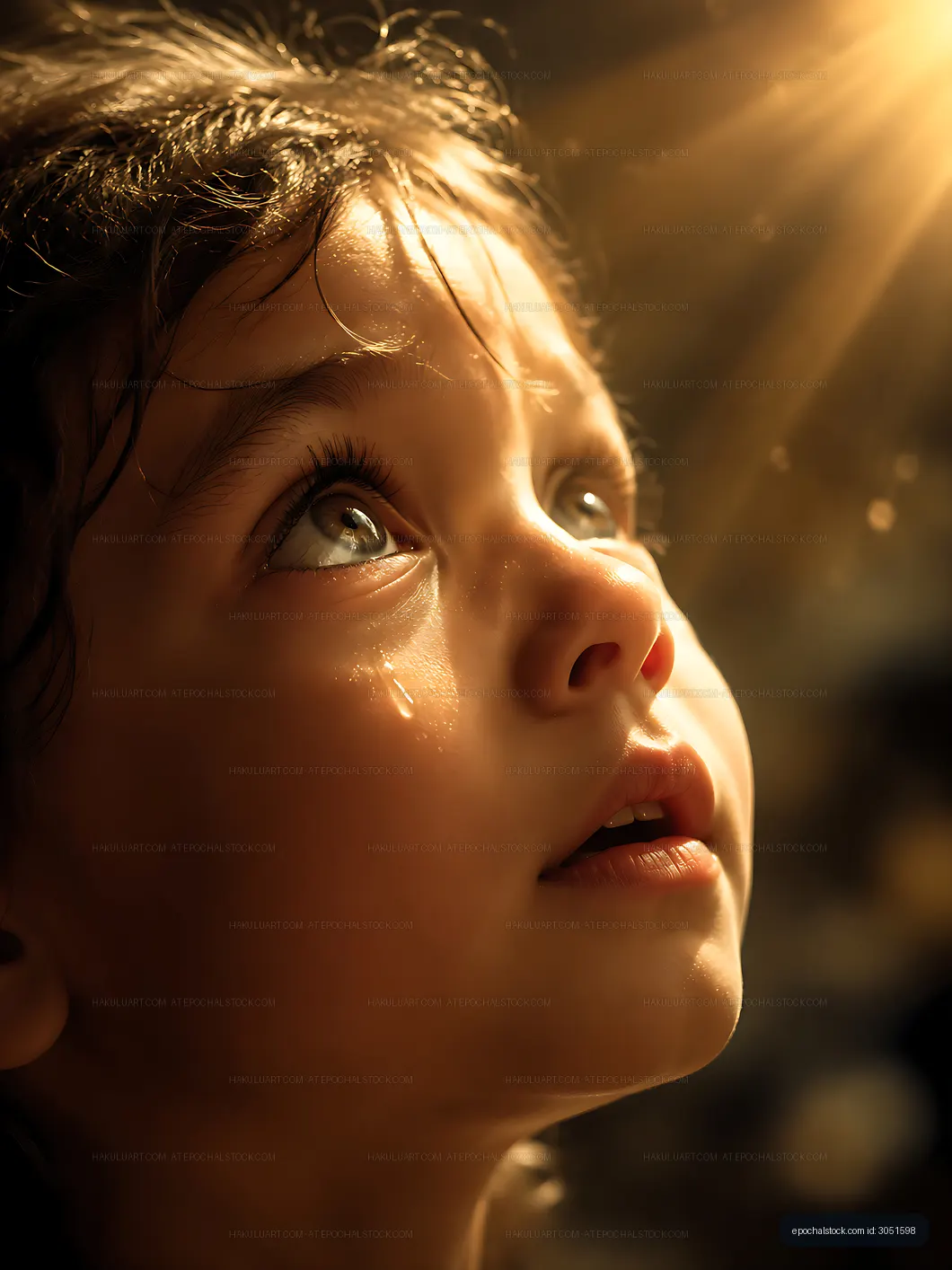 Child looking up with hope and wonder in soft light
