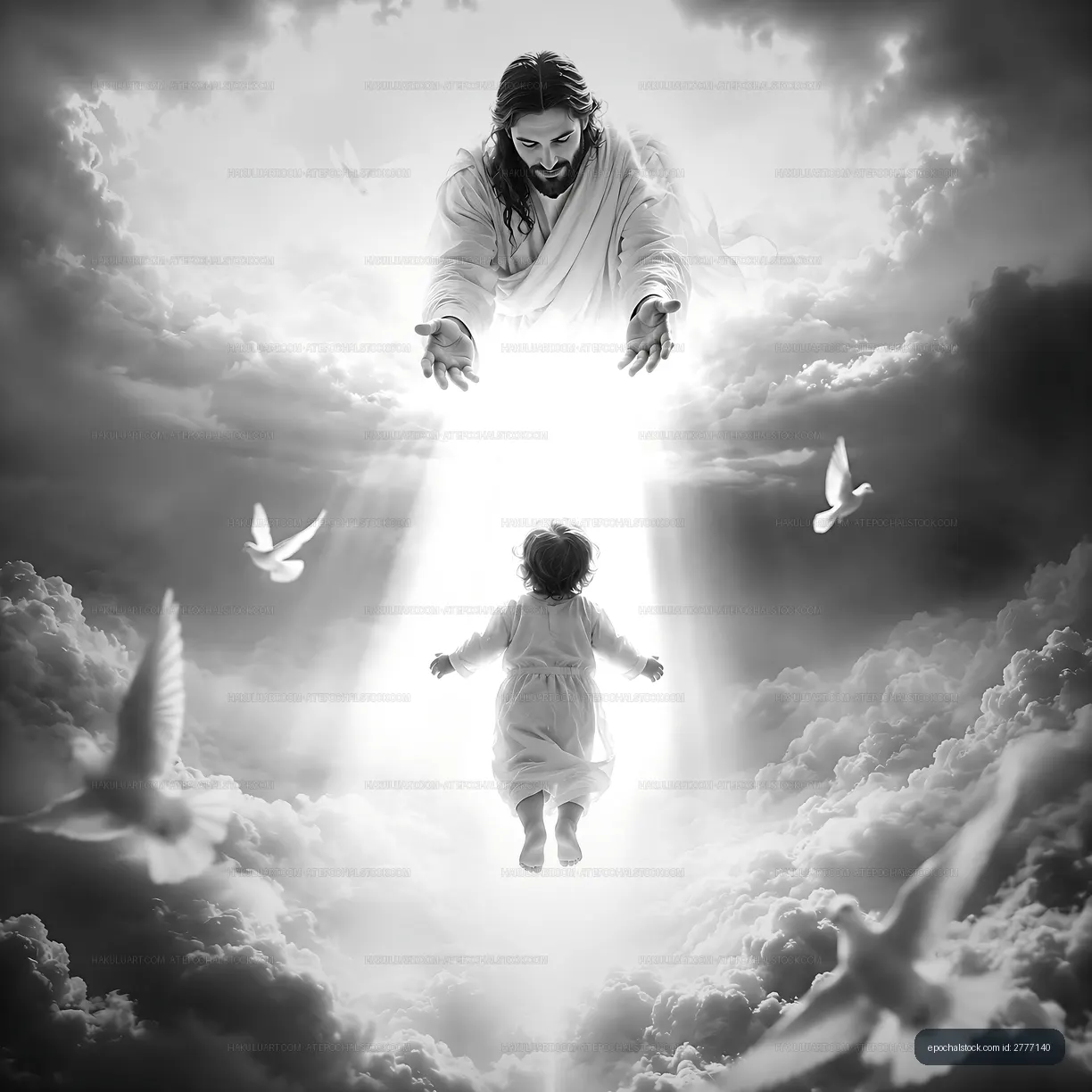 Jesus reaching out to a child with doves in a cloudy sky