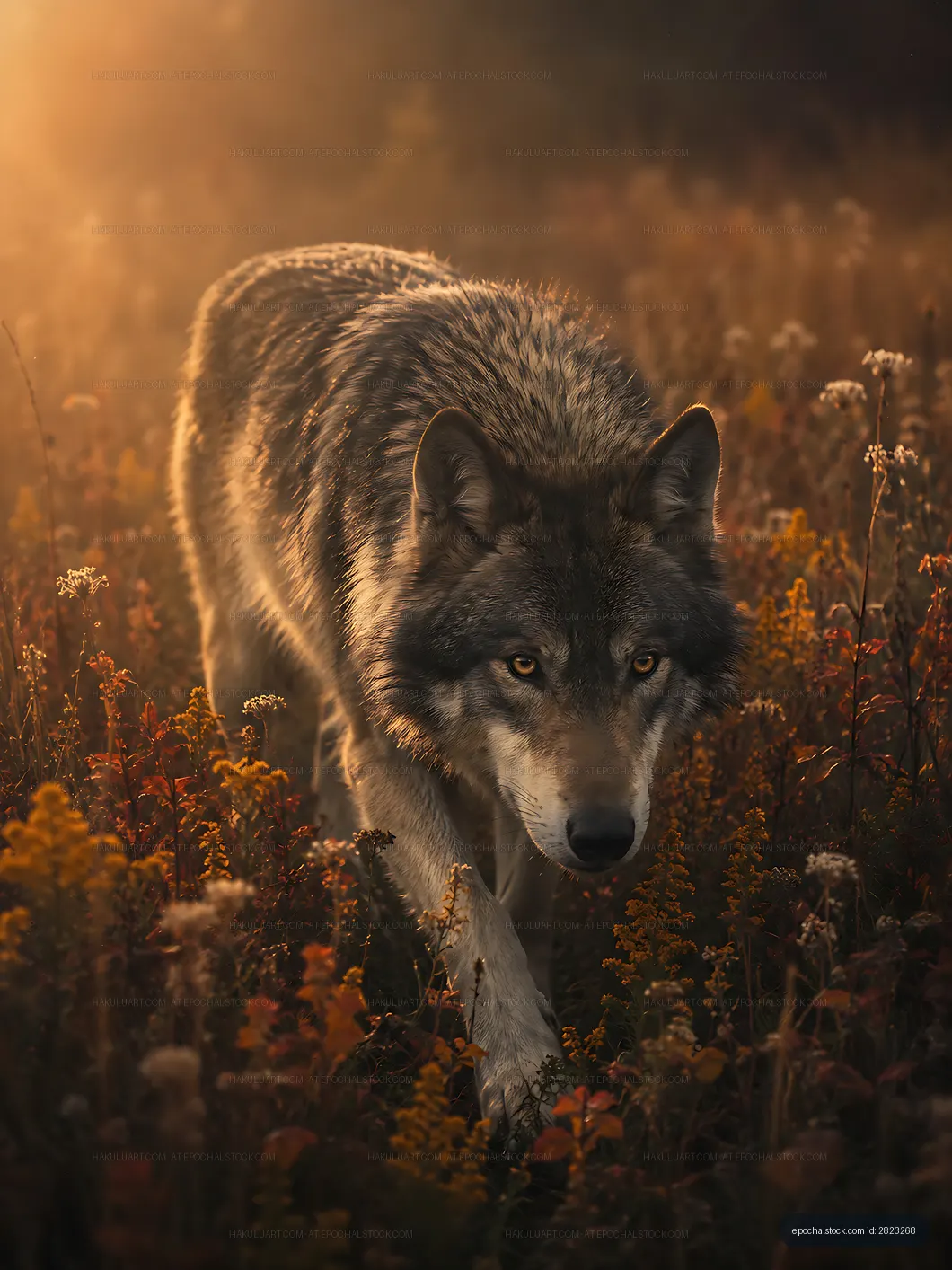 Wolf walking through a field during sunset