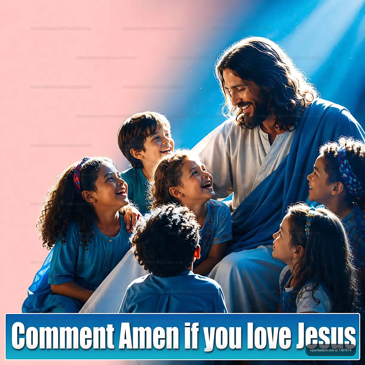 Jesus smiles with children in a bright setting