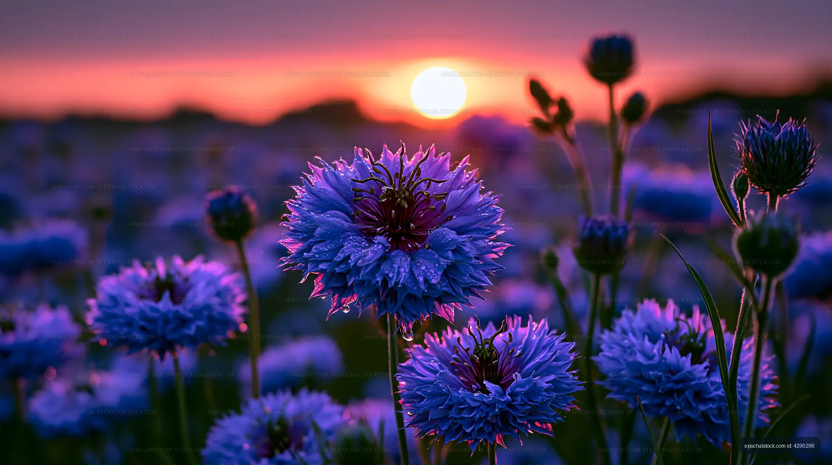 Sunset over blue flowers in a field