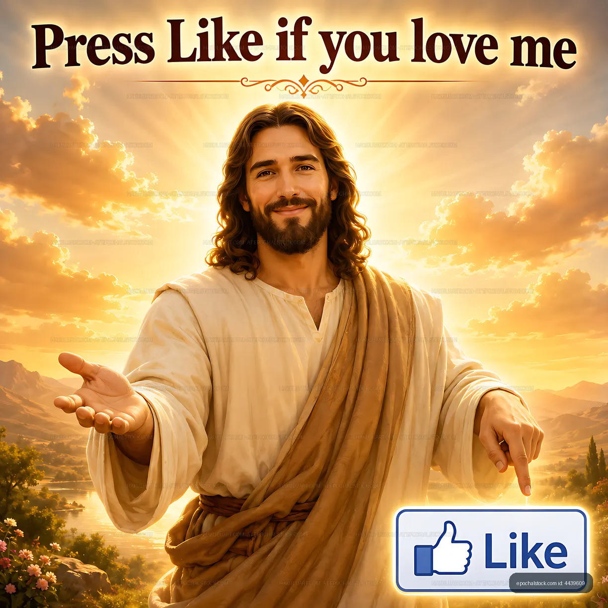 Man extending hands with scenic background and social media symbol