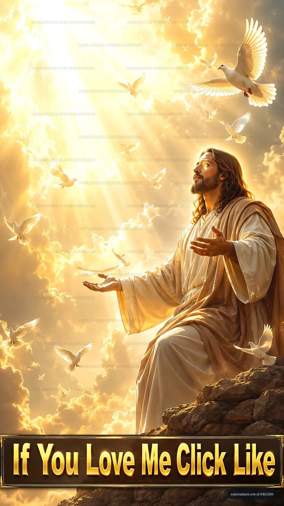 Religious figure with doves in bright sky