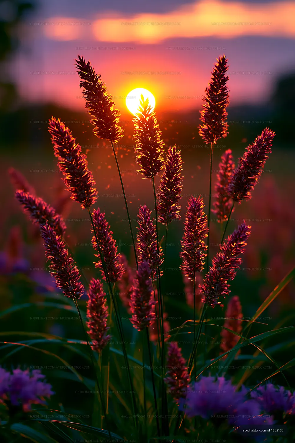 Sunset over blooming grass and wildflowers in a field