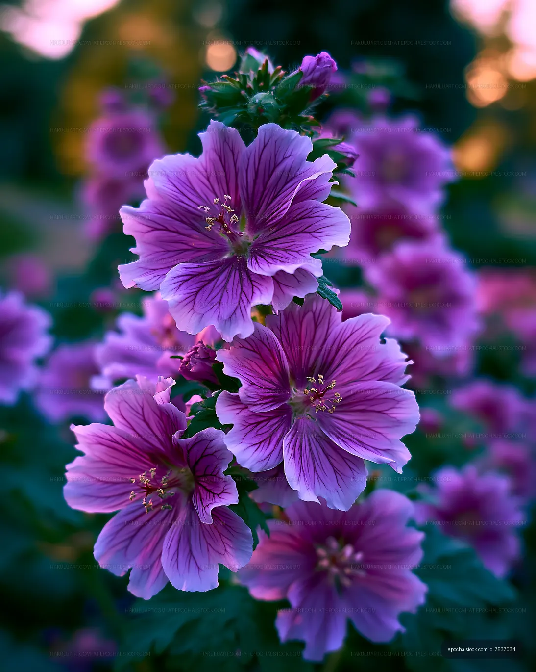 Purple flowers bloom in spring garden setting