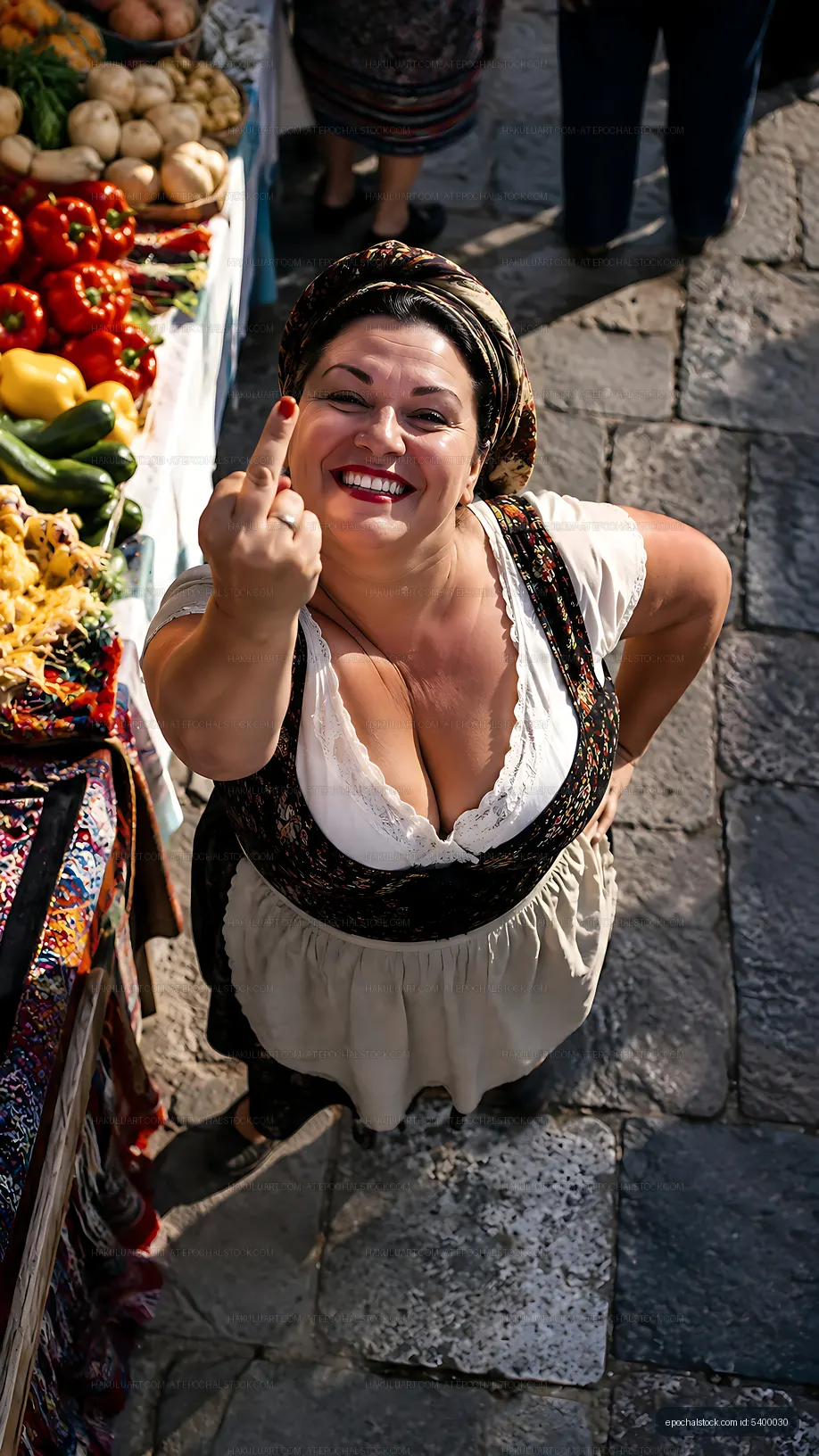 Woman showing middle finger at a market stall