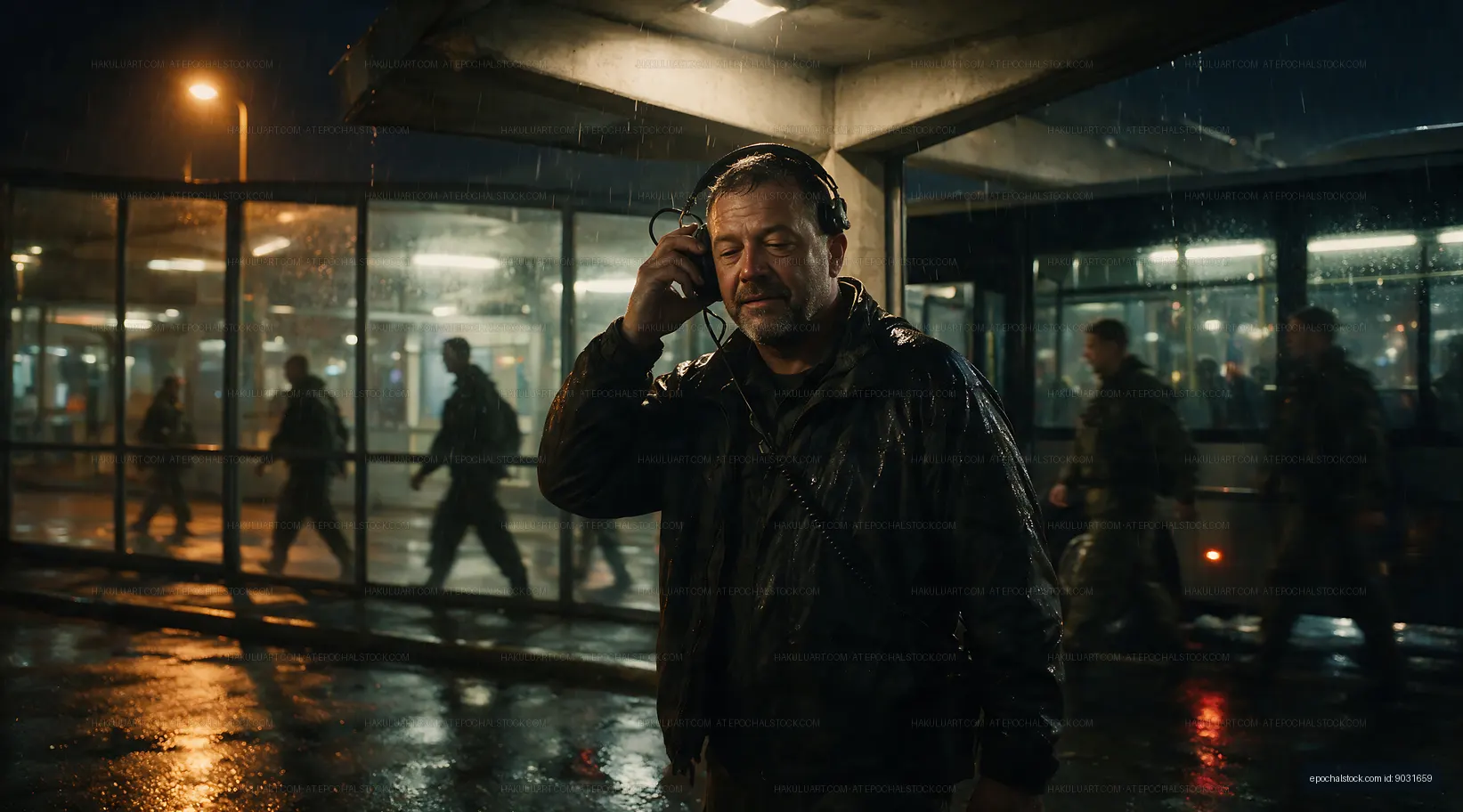 Man listening to headset at bus terminal in rain at night