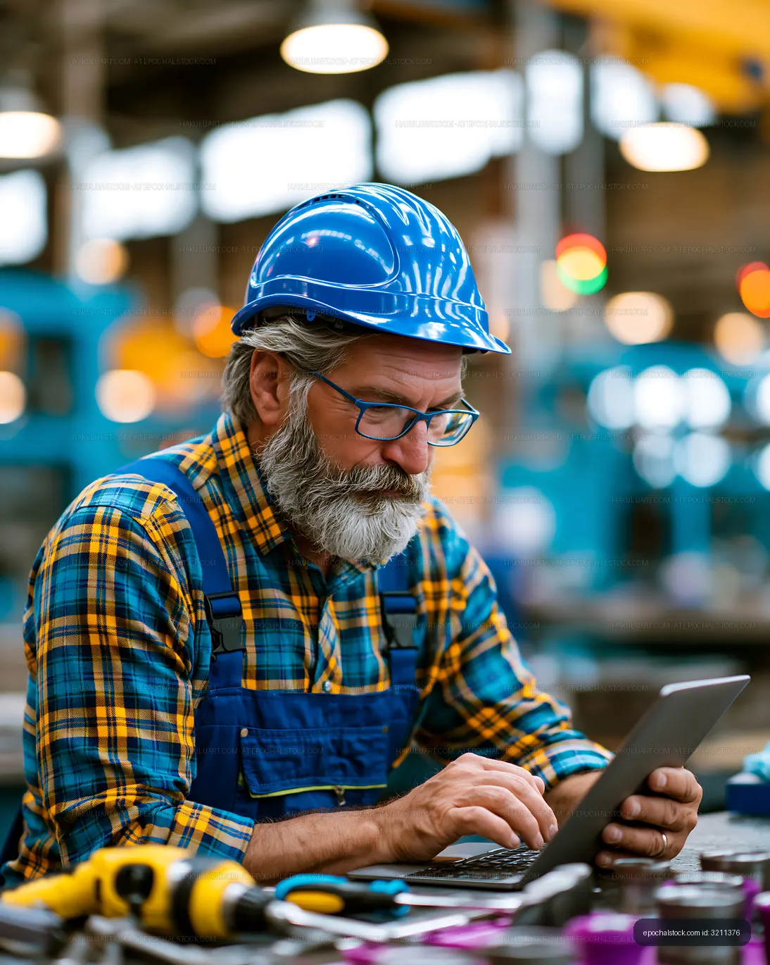 Worker in blue hard hat using laptop indoors in a workshop