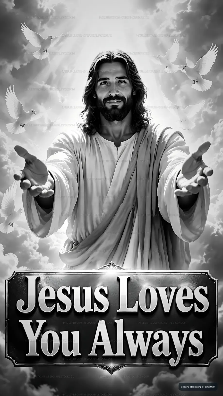 Jesus offering love with open arms and doves in the sky