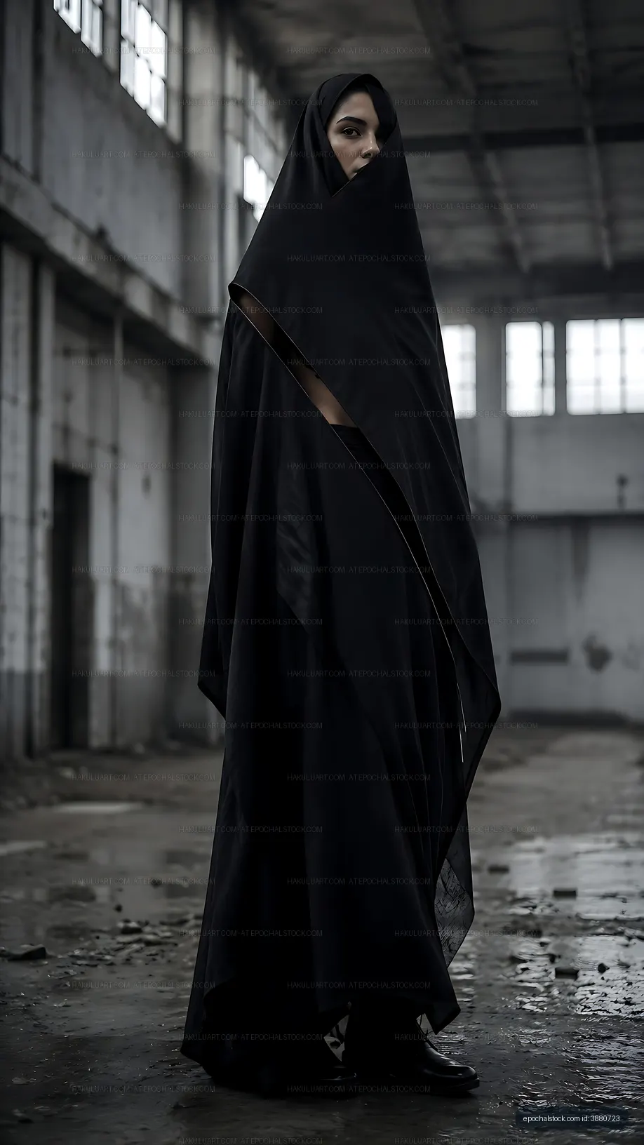 Woman in black garment standing in abandoned industrial space