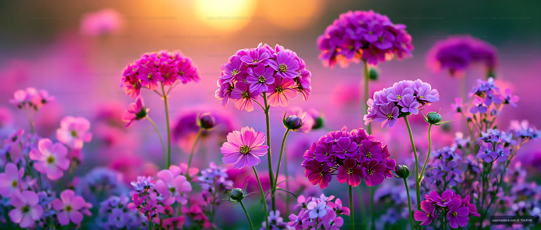 Vibrant wildflowers bloom in a garden during golden hour