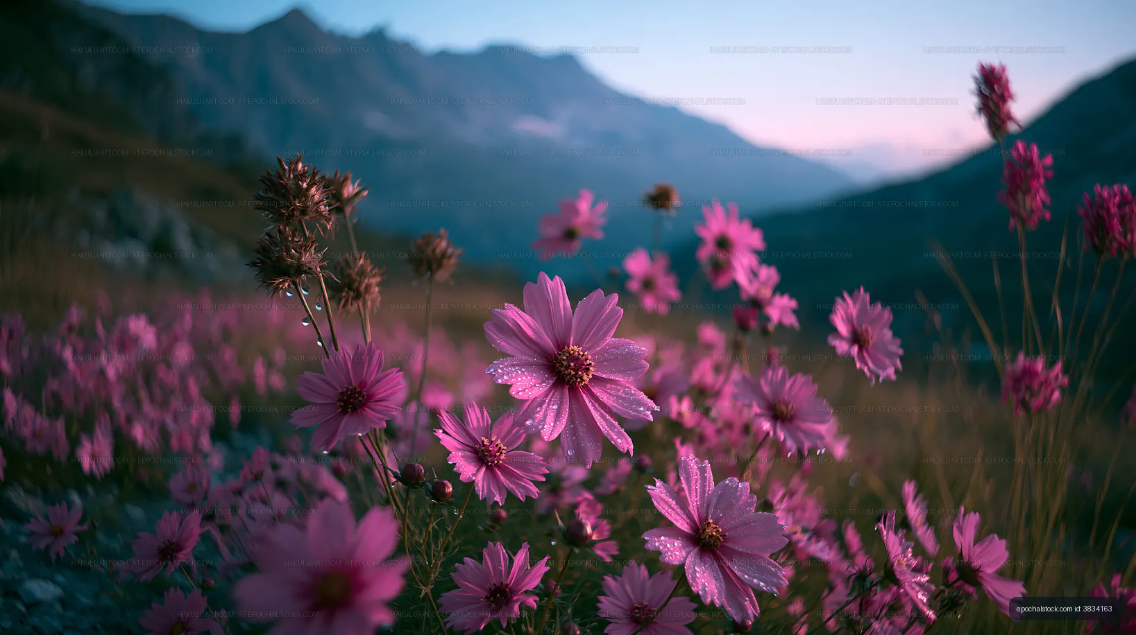 Flowers blooming in the mountains during sunset