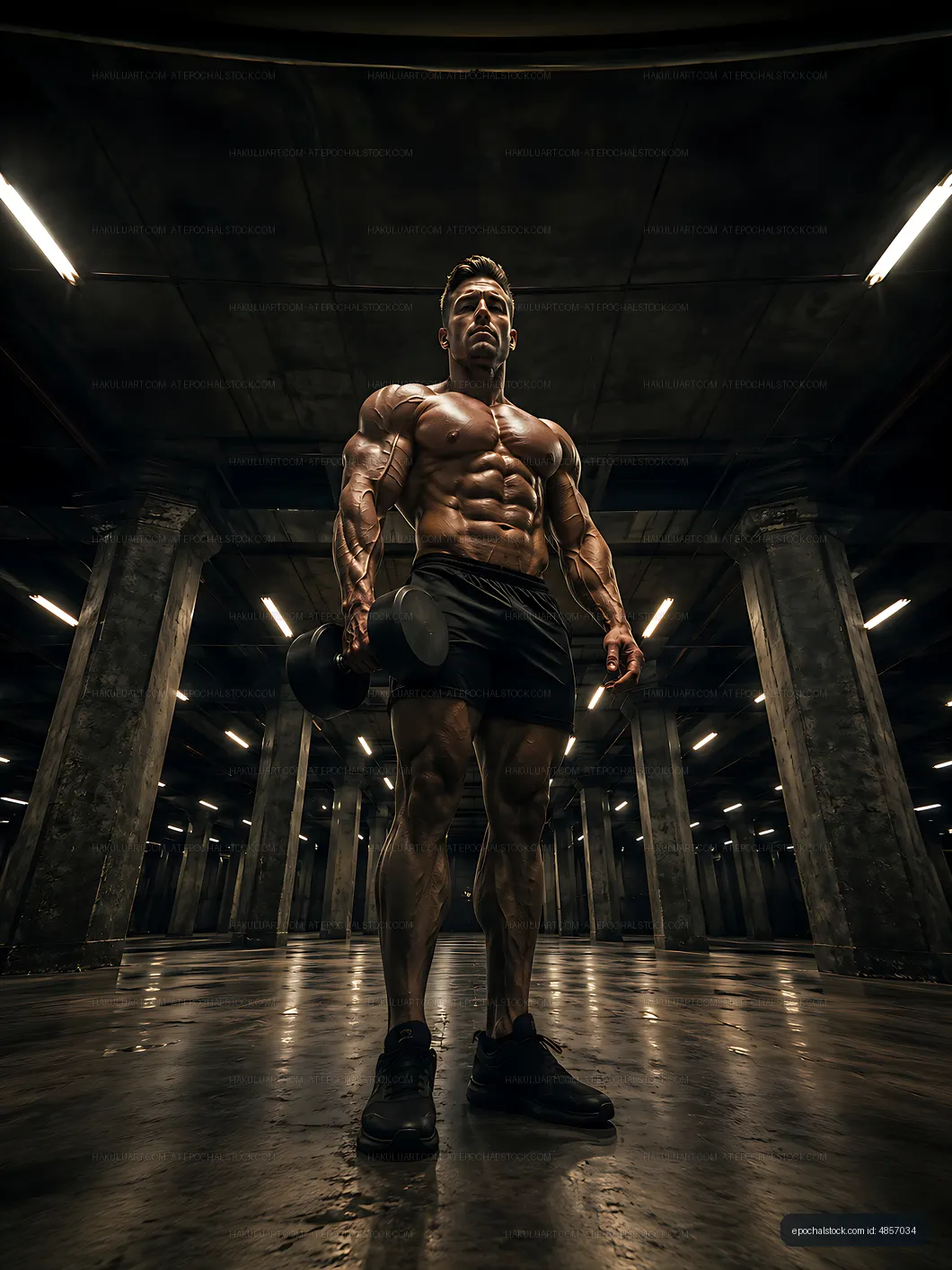 Athlete posing with dumbbell in a gym setting