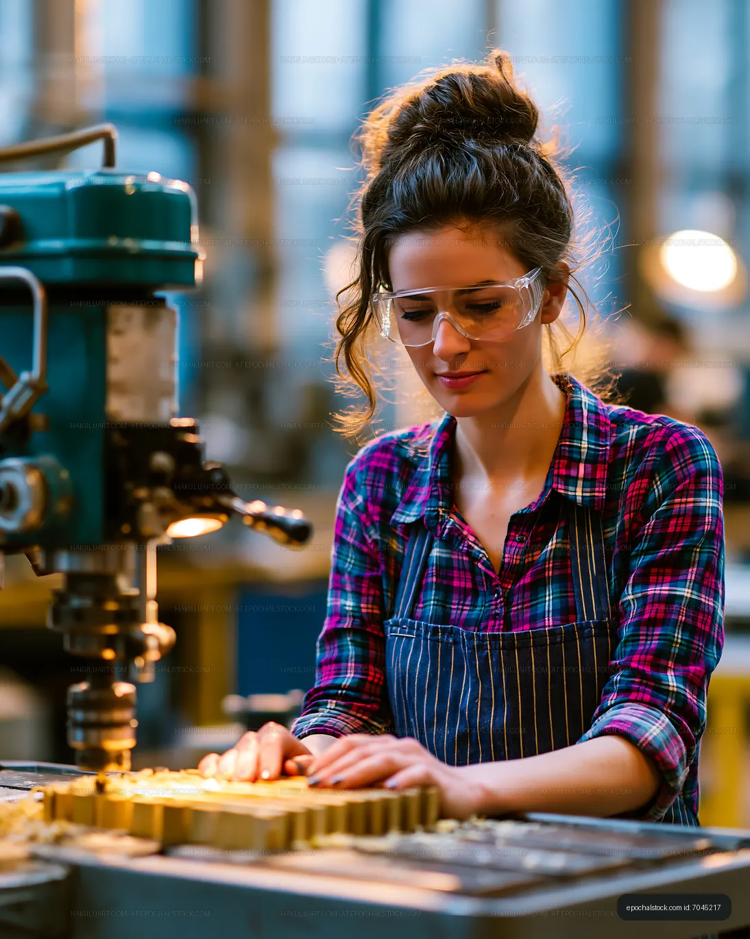 Woman working in a workshop using machinery