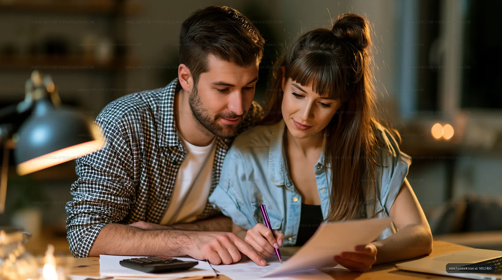 Couple working on a project together at night