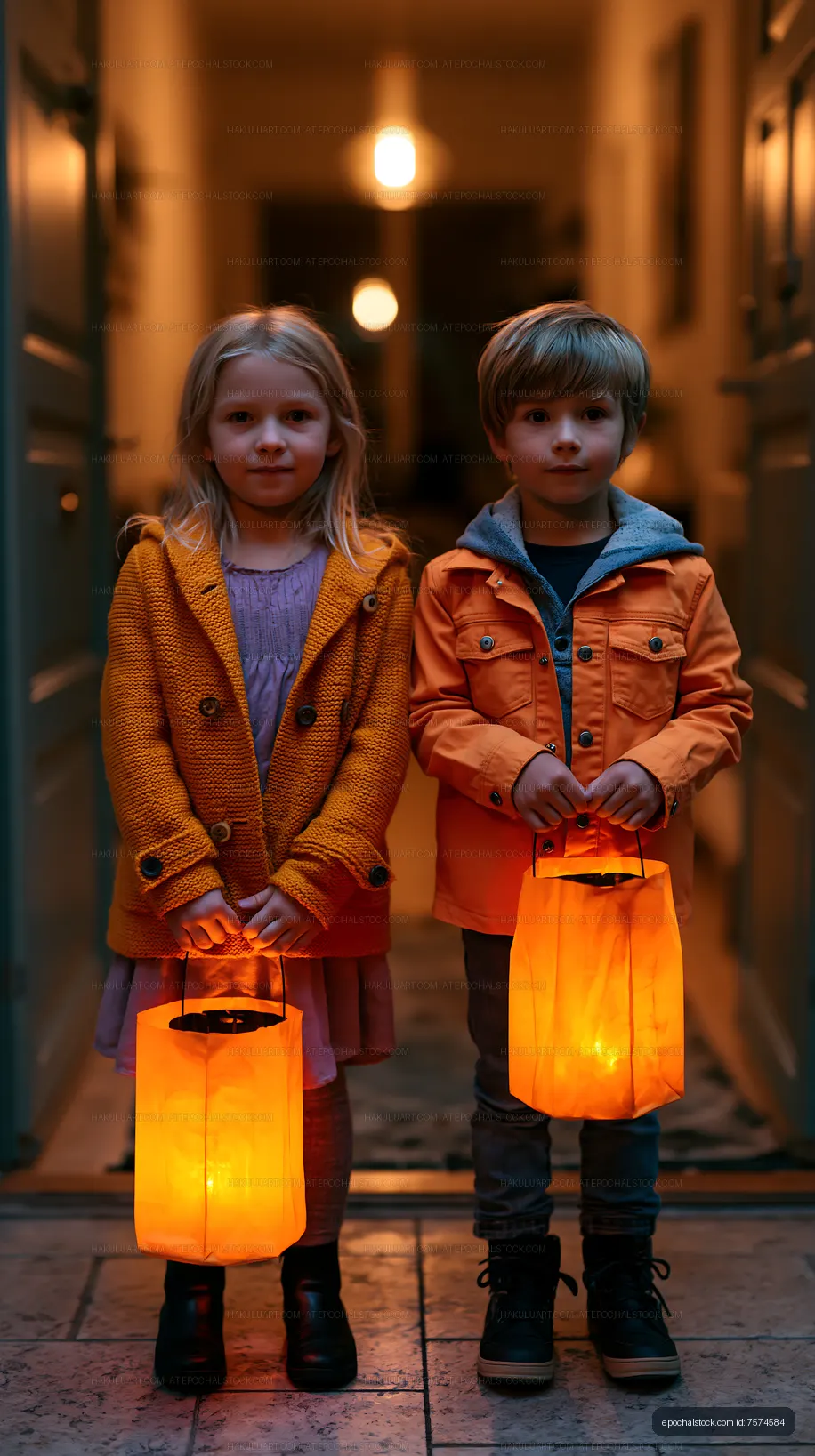 Children holding lanterns at the entrance of a building