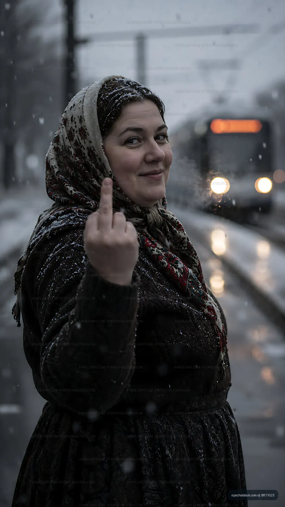 Woman giving a gesture on a snowy street with a tram passing