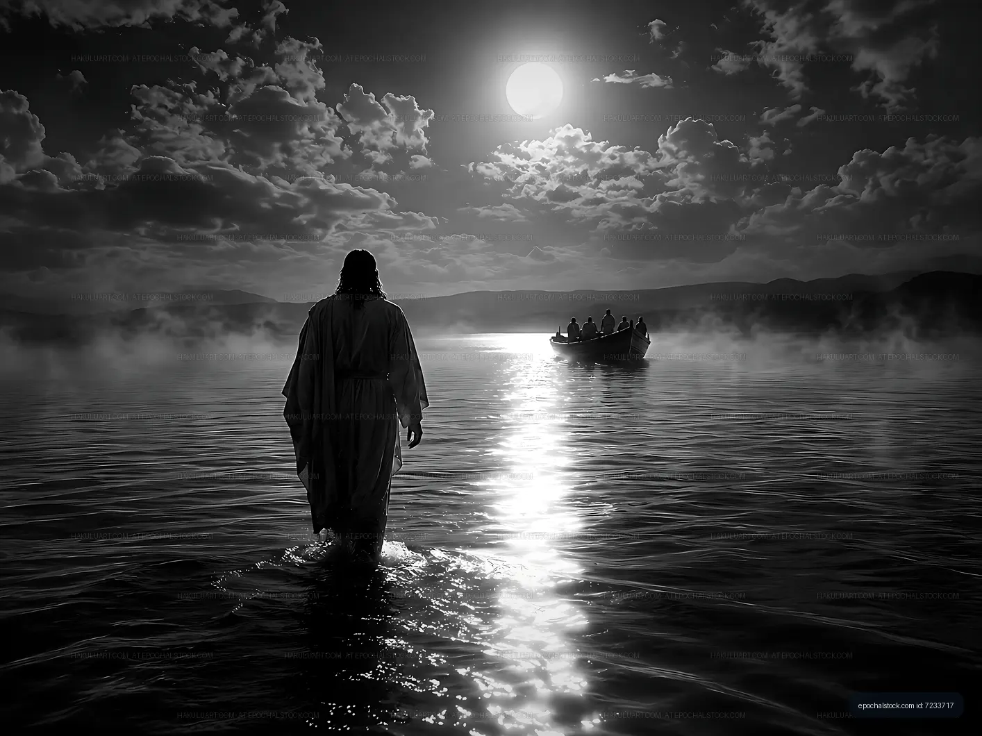 Walking on water at sunrise with a boat in the background
