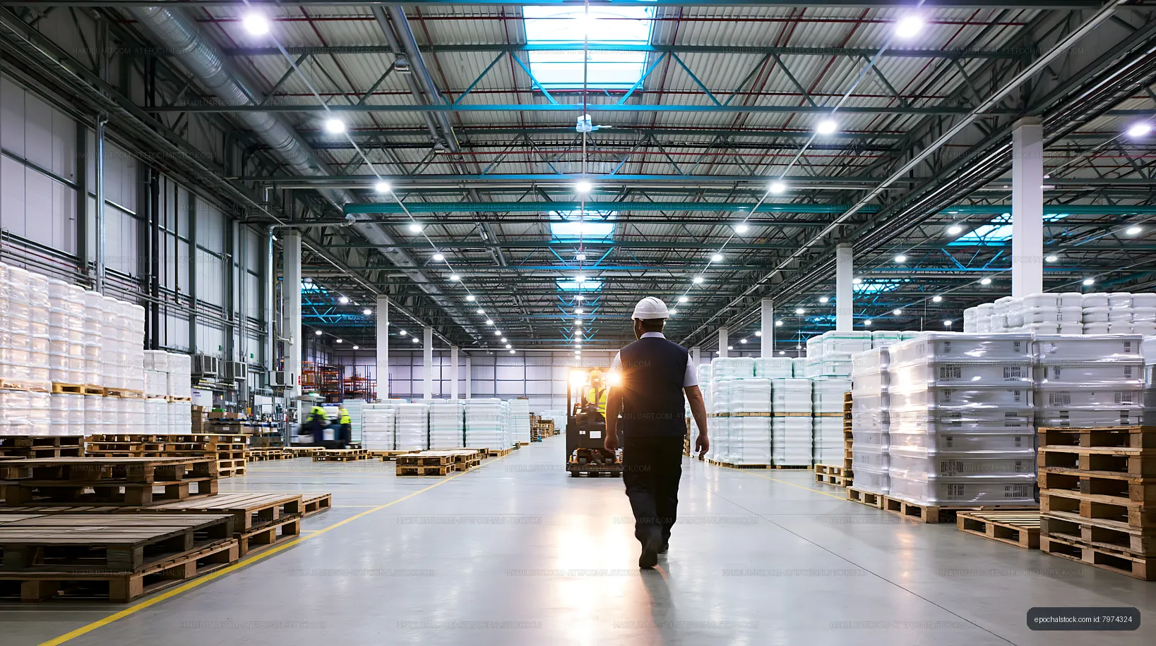 Worker walking in large warehouse during daytime