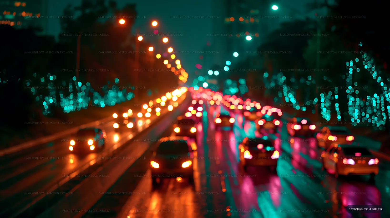 Traffic flowing through a city street at night with colorful lights