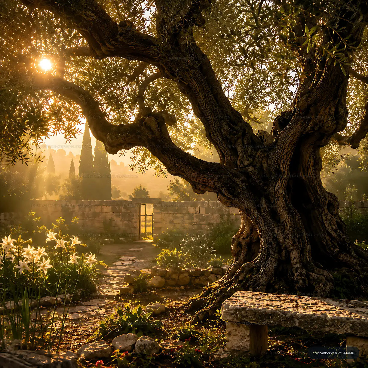 Sunlight shining through trees in a tranquil garden setting