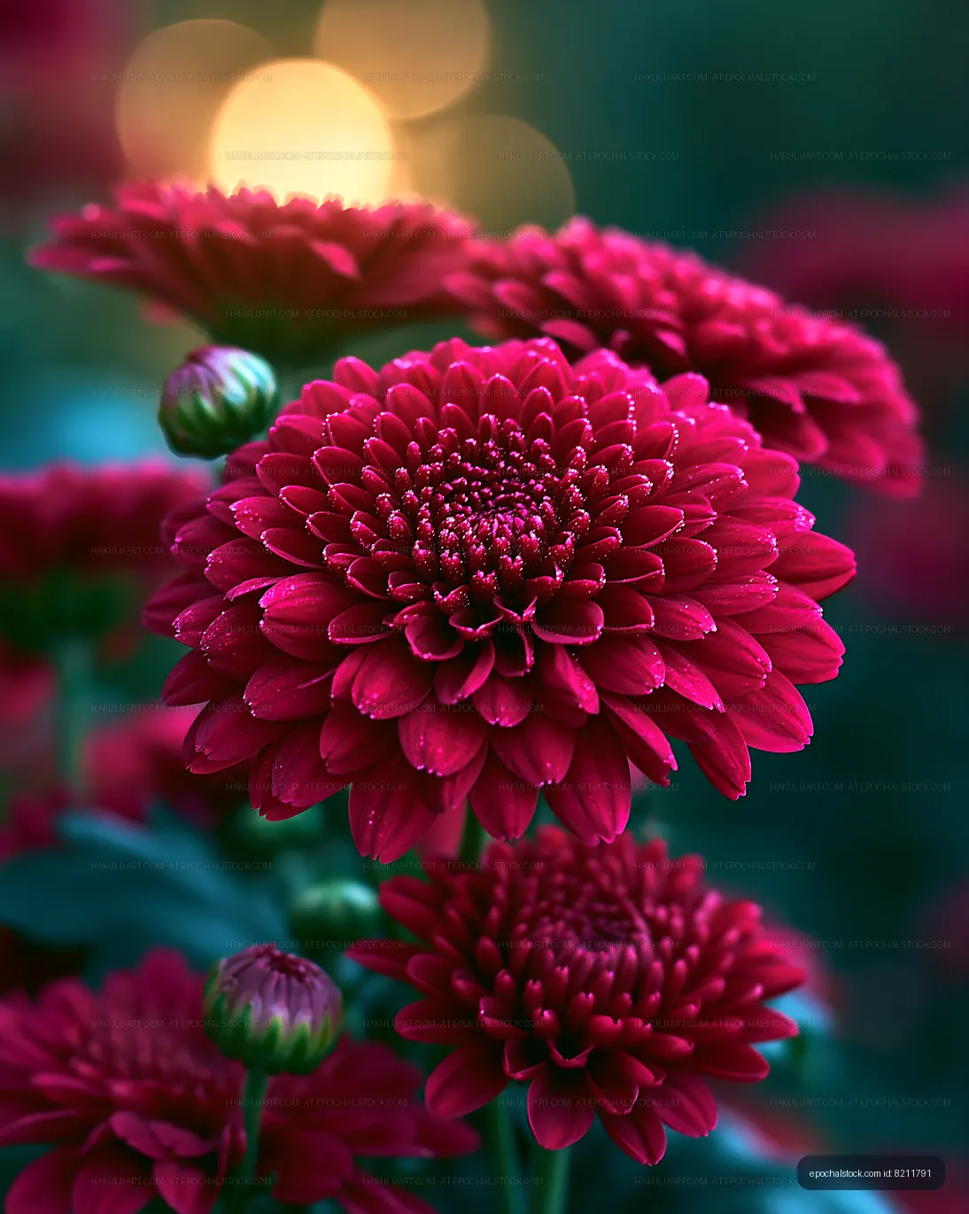 Close-up of red flowers with dew at sunrise in a garden