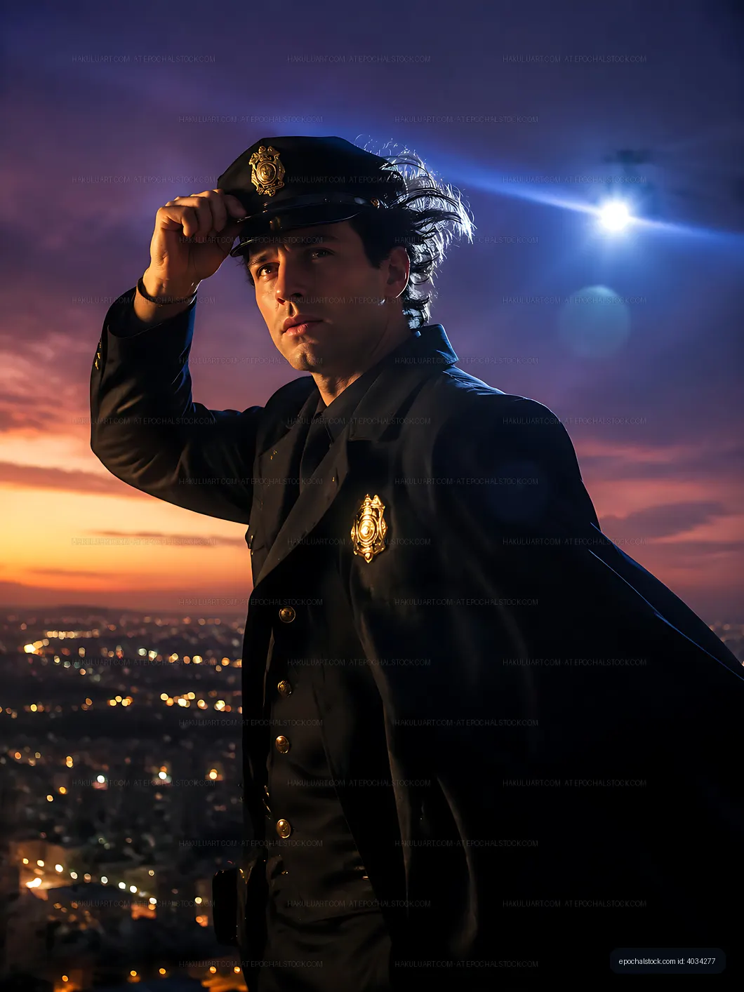 Police officer standing on a rooftop during sunset