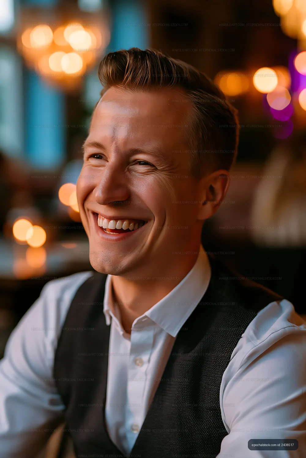 Man smiling in a restaurant with warm lighting during evening hours
