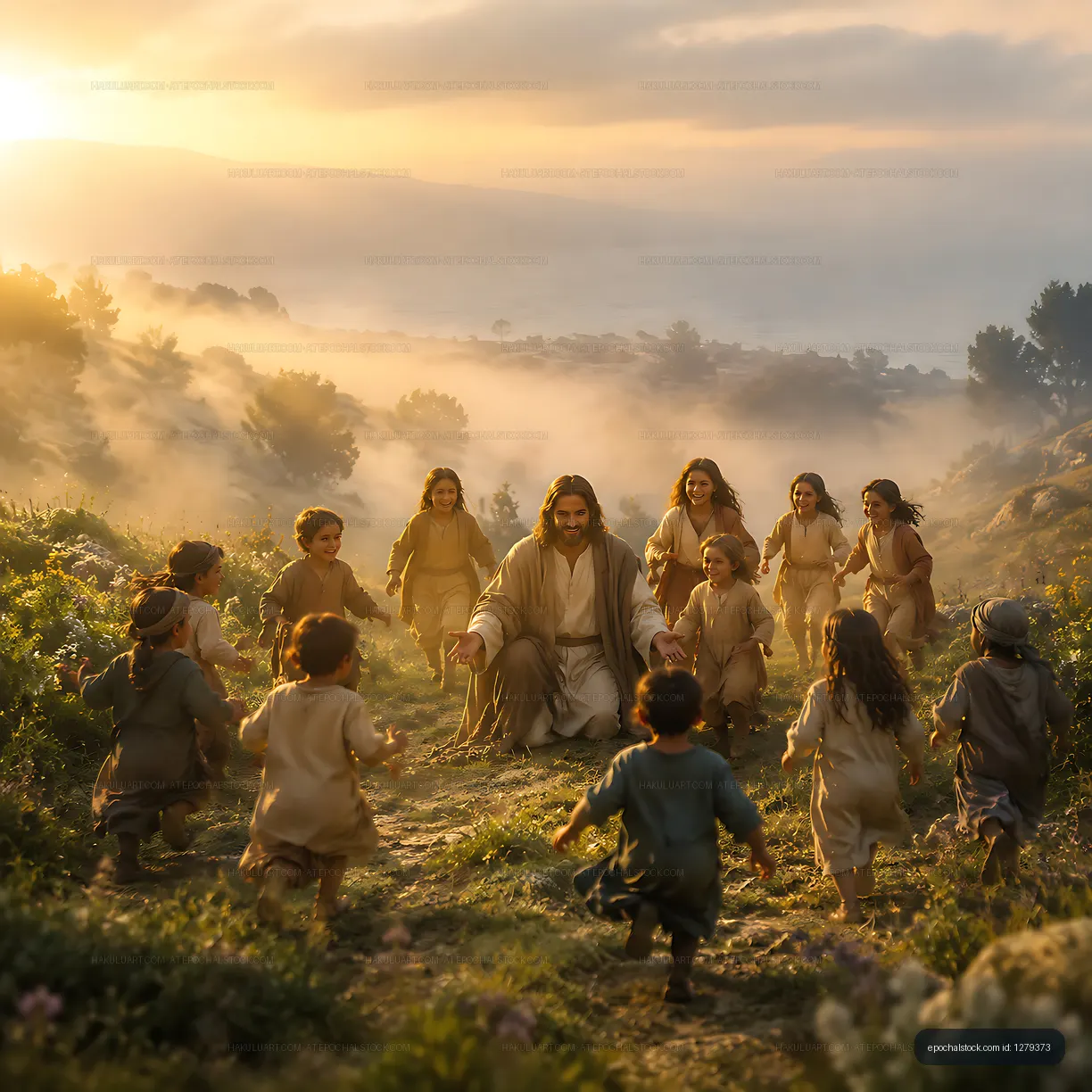 Group of children approaching a figure in a natural setting