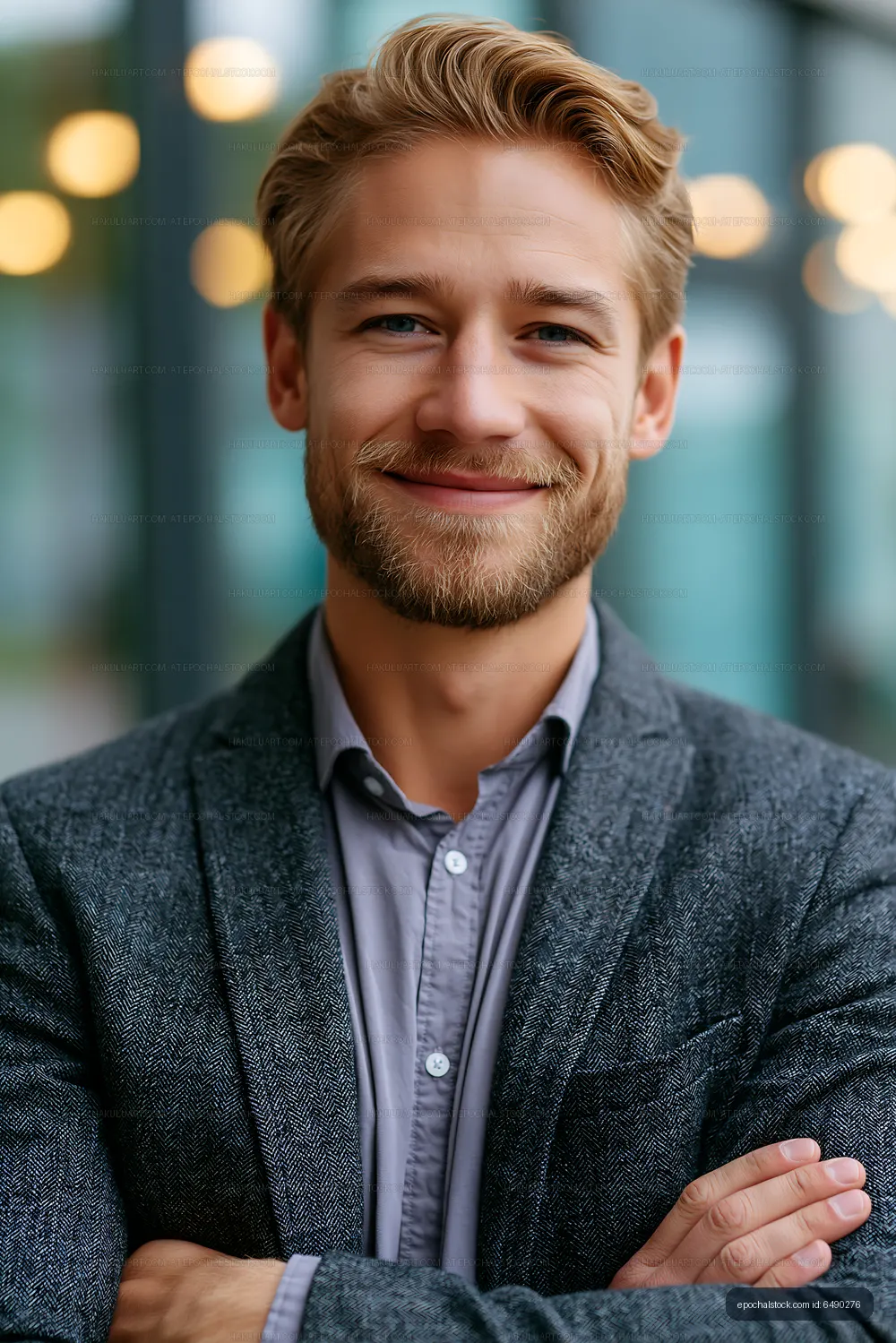 Smiling man in gray blazer stands outdoors with arms crossed