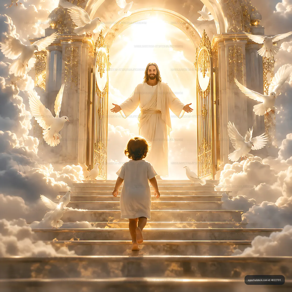 Child walking towards light and figure in a heavenly setting