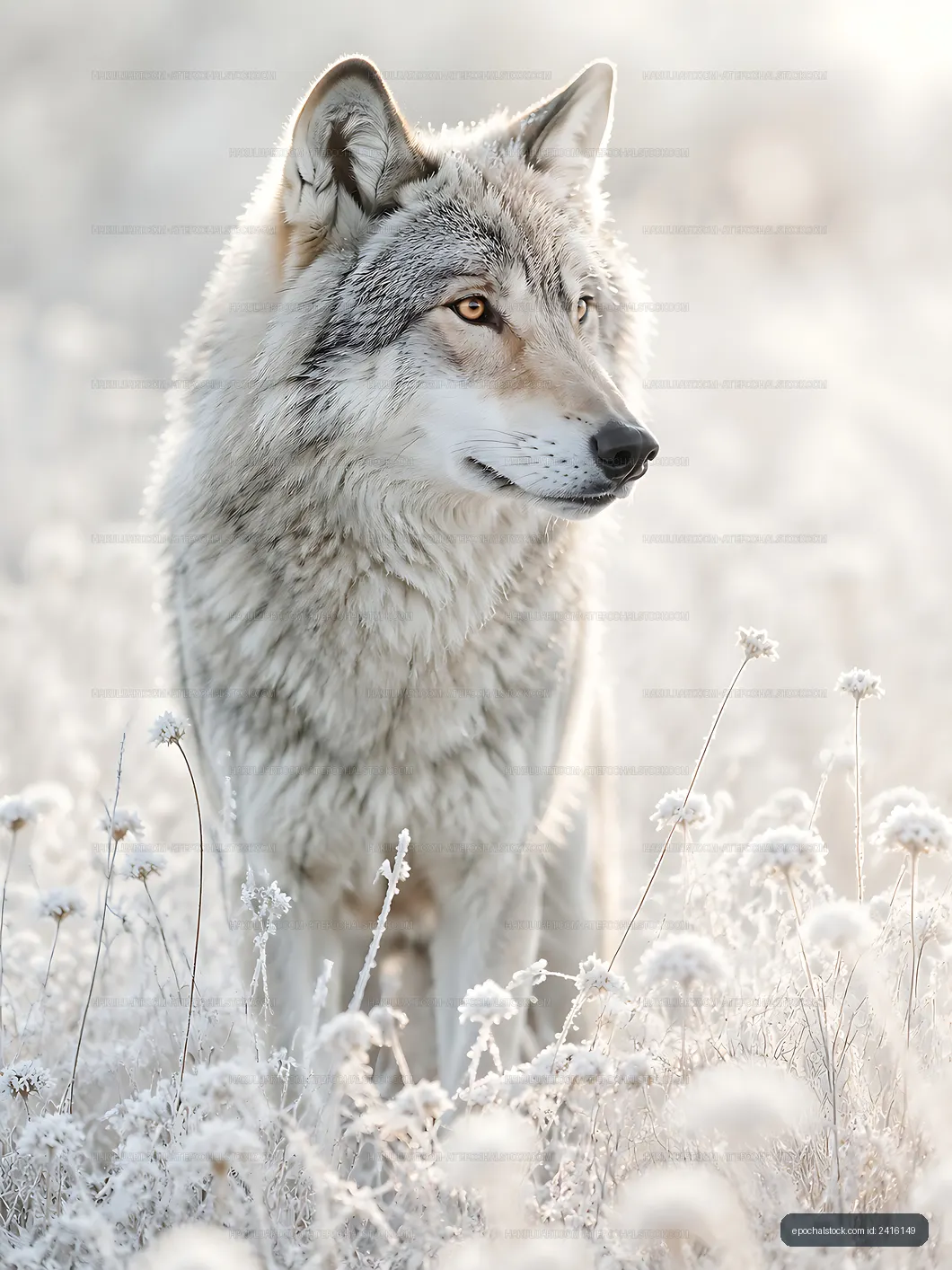Wolf standing in a snowy field