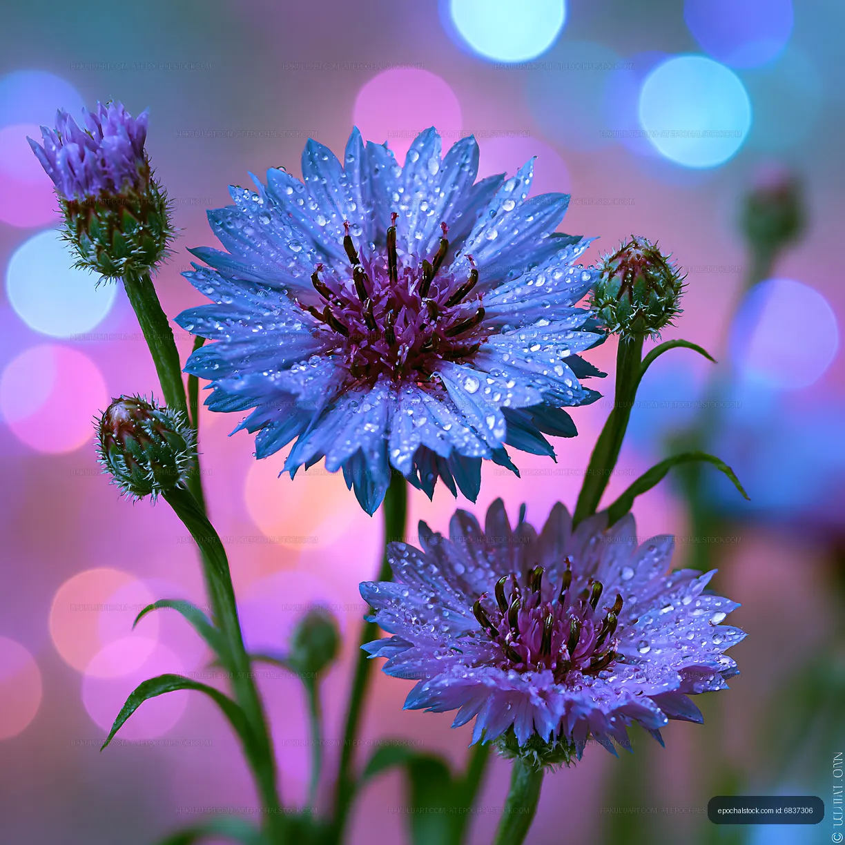 Purple flowers with drops of water on colorful background