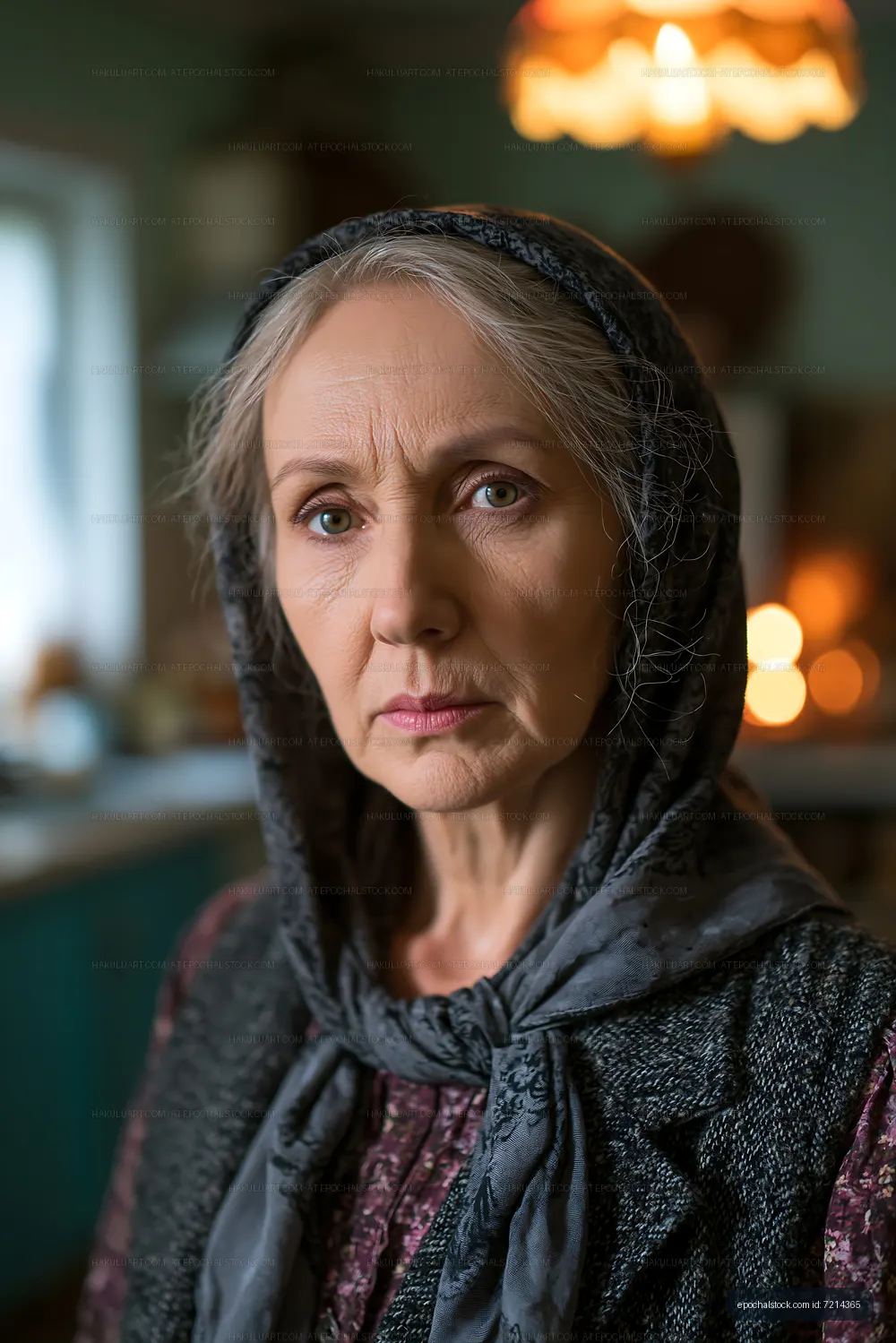 Elderly woman with headscarf in interior setting
