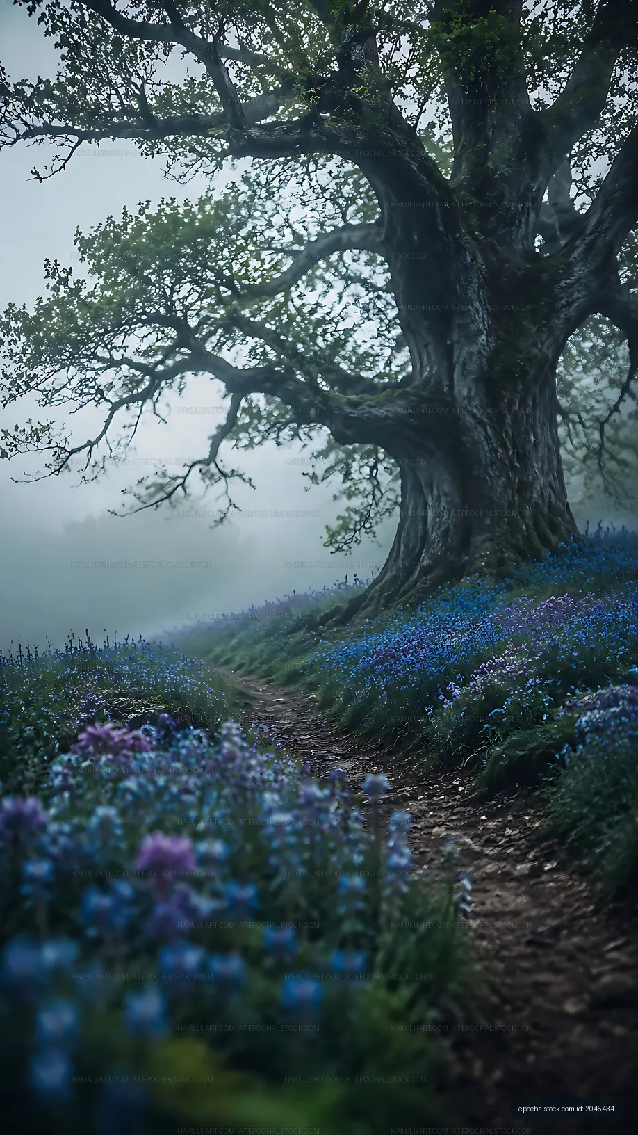 Misty path through blue flowers near a large tree