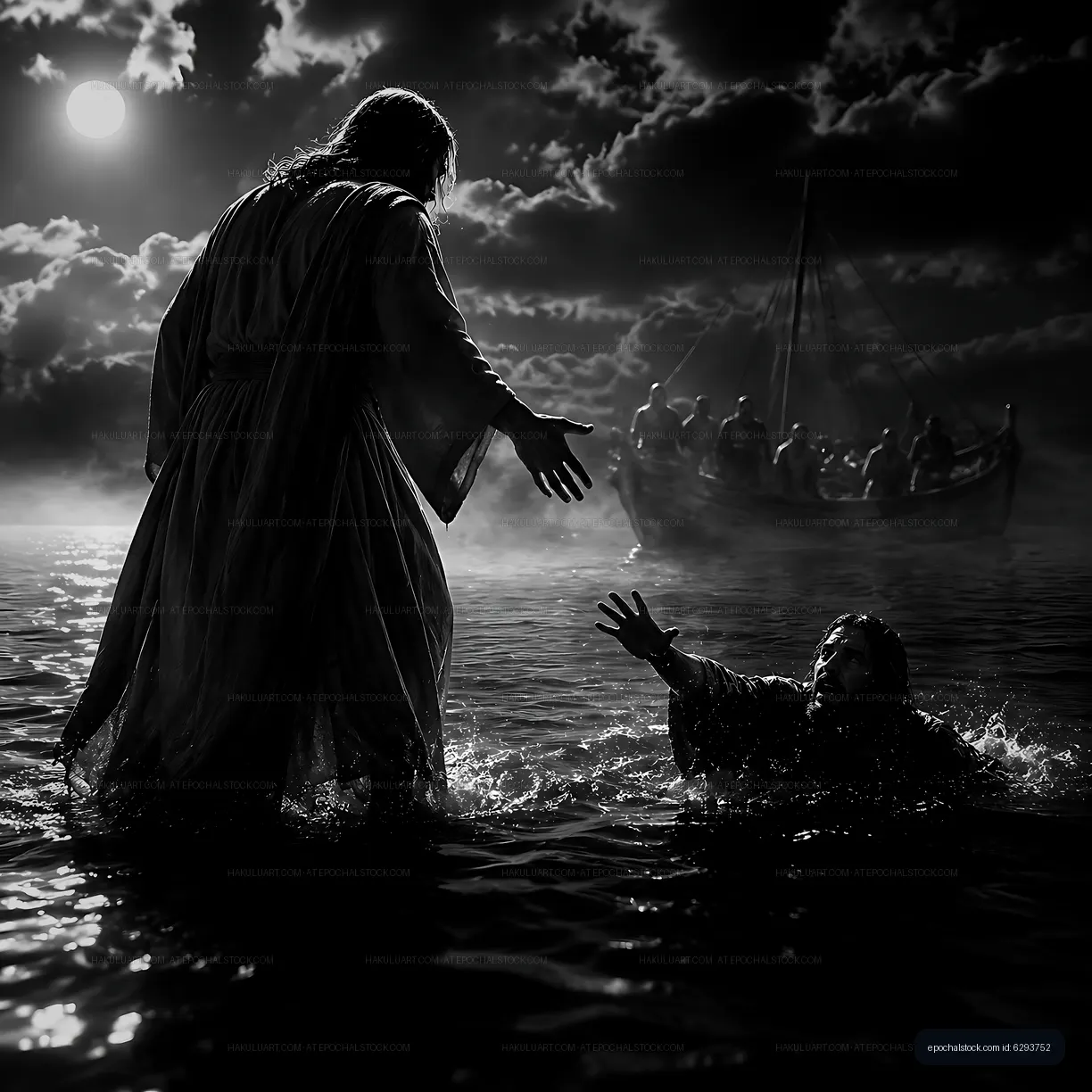 Man reaching for help in dark water with a figure nearby