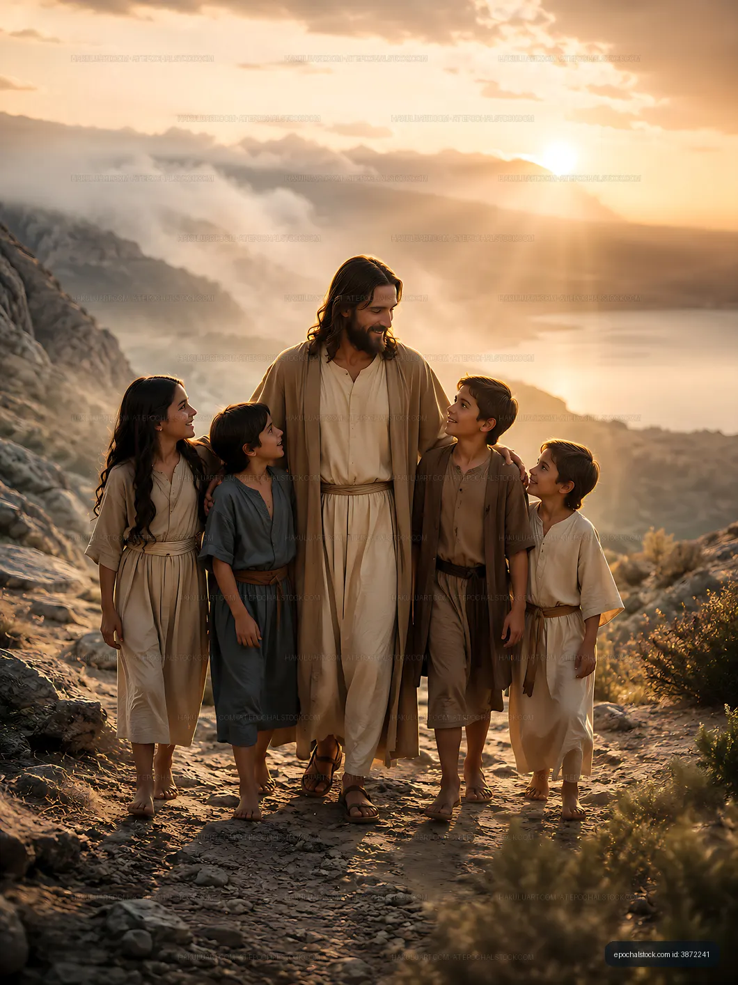 Group of children walking with a man at sunset in a rocky landscape
