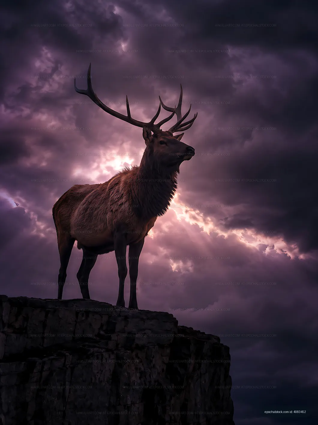 Elk standing on rock against purple sky with clouds