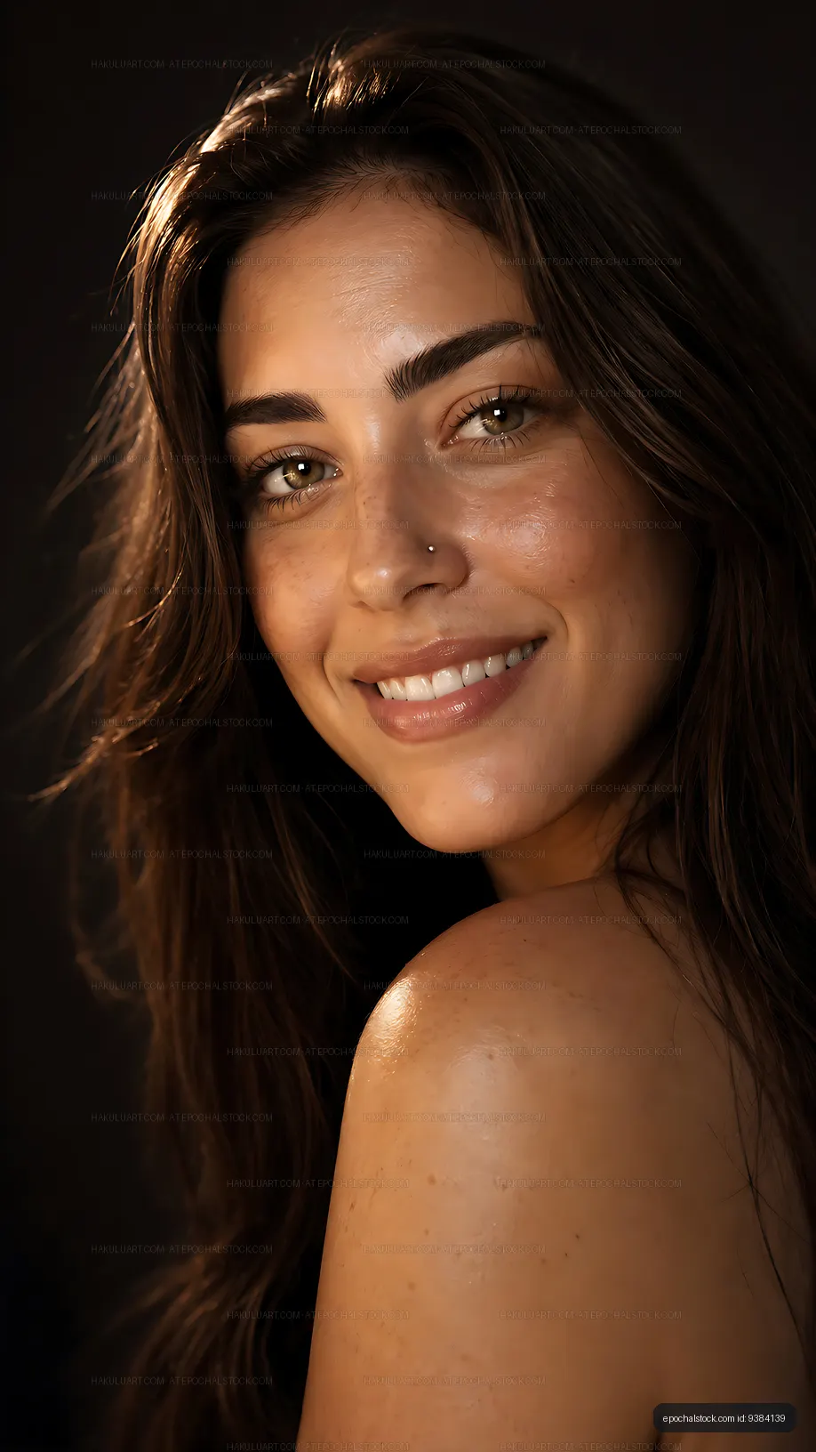 Woman smiling with long hair in soft lighting
