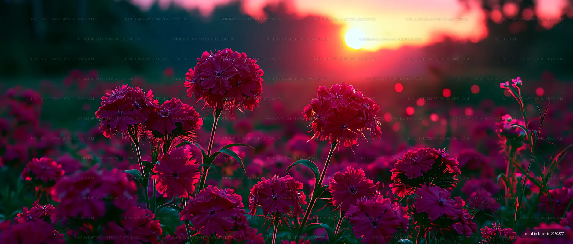 Sunset over a field of pink flowers