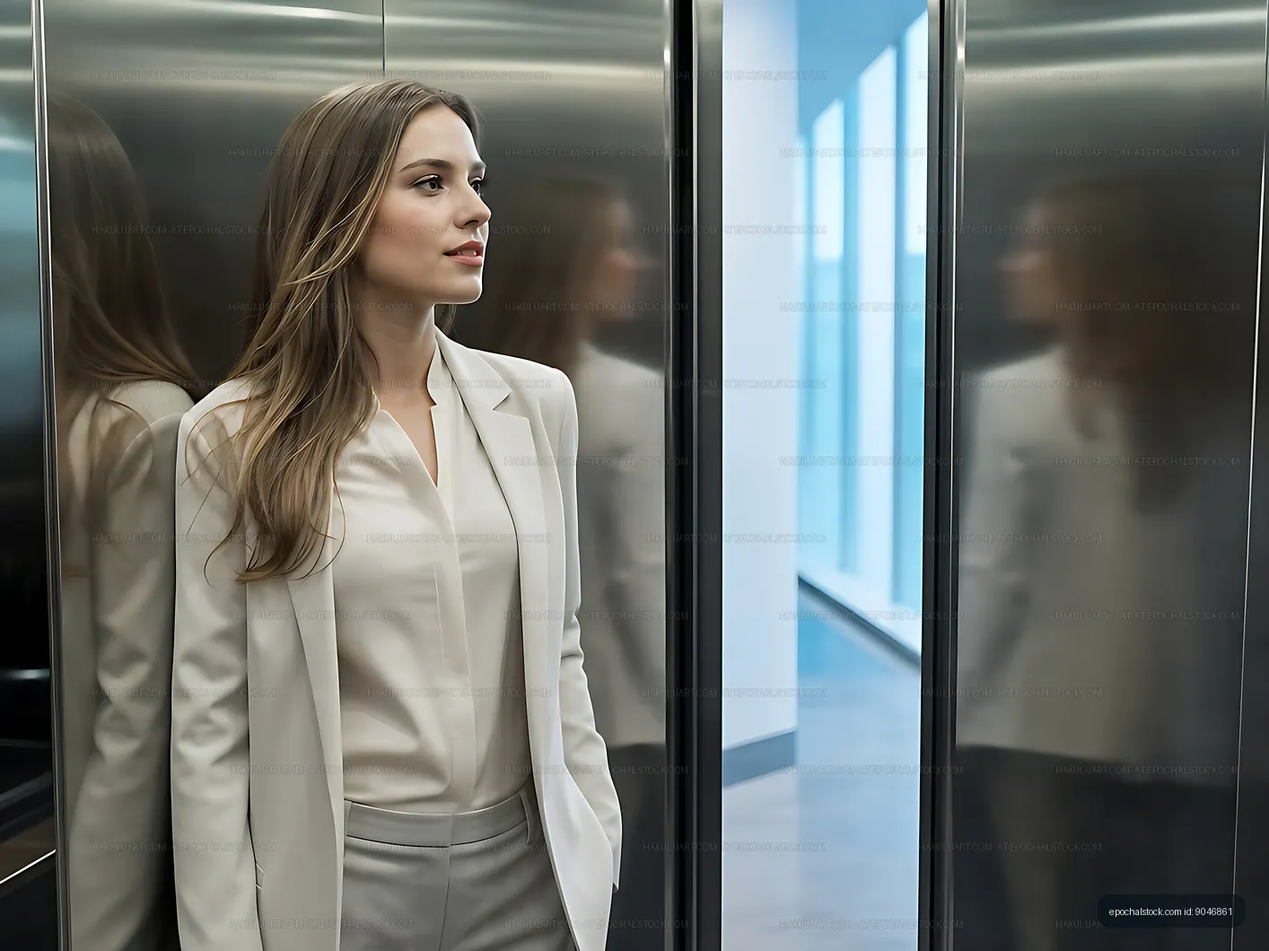 Businesswoman standing in a modern elevator with mirrored walls
