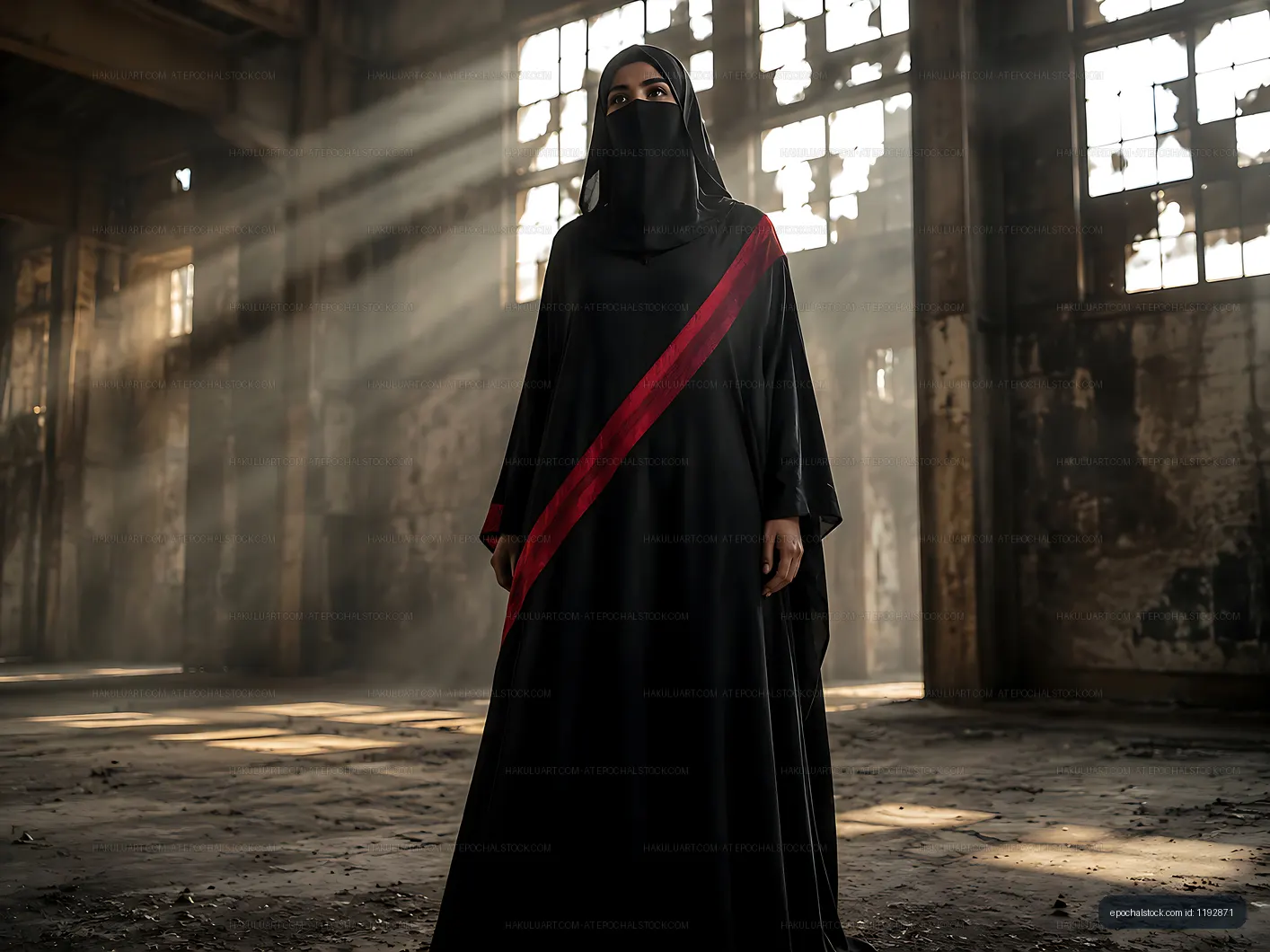 Woman in black attire standing in an empty industrial space