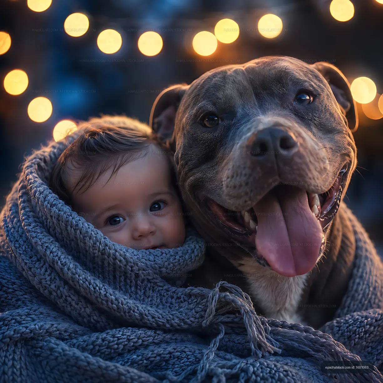 Baby and dog wrapped in blanket with lights in background