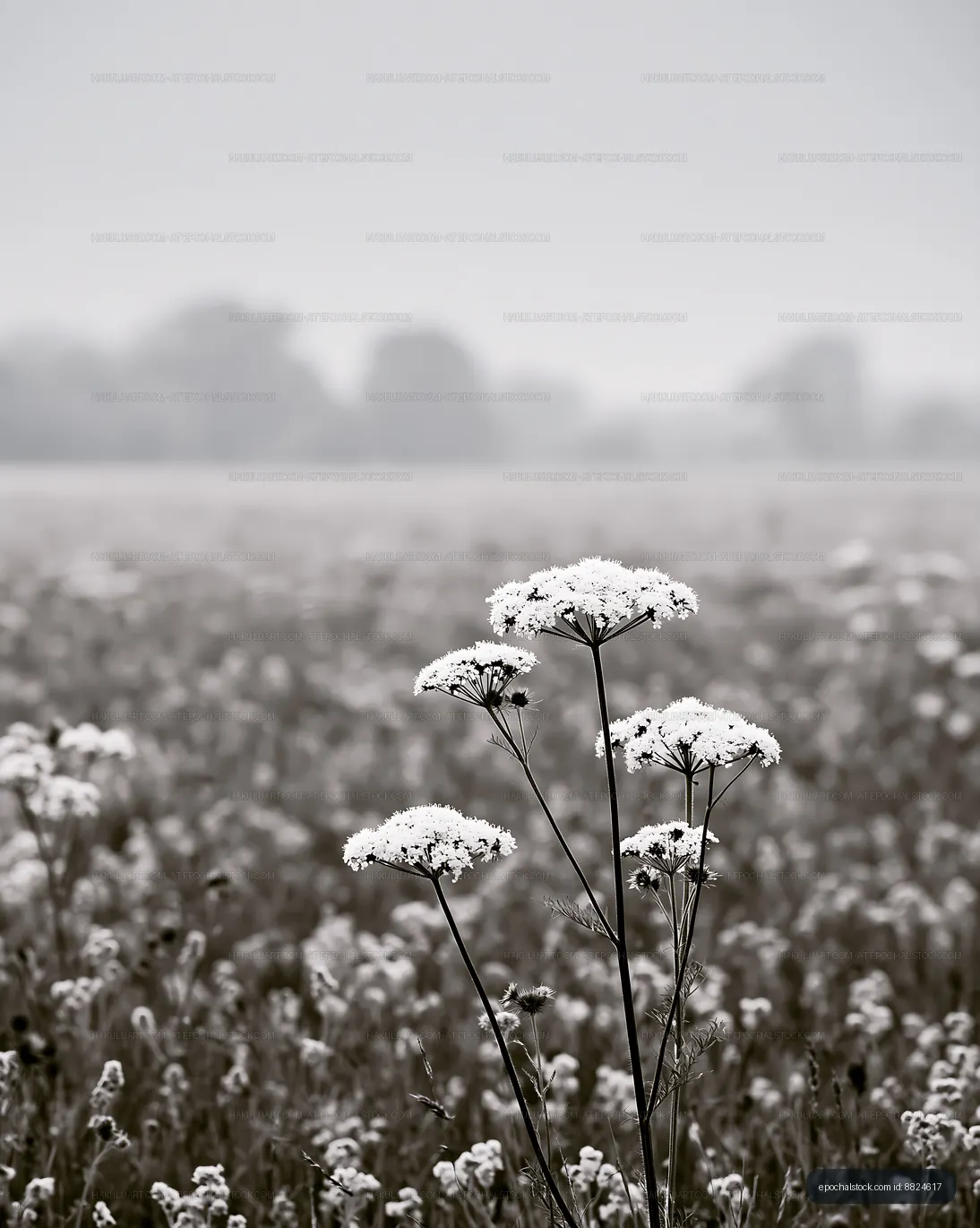 Flowers in a field during foggy weather