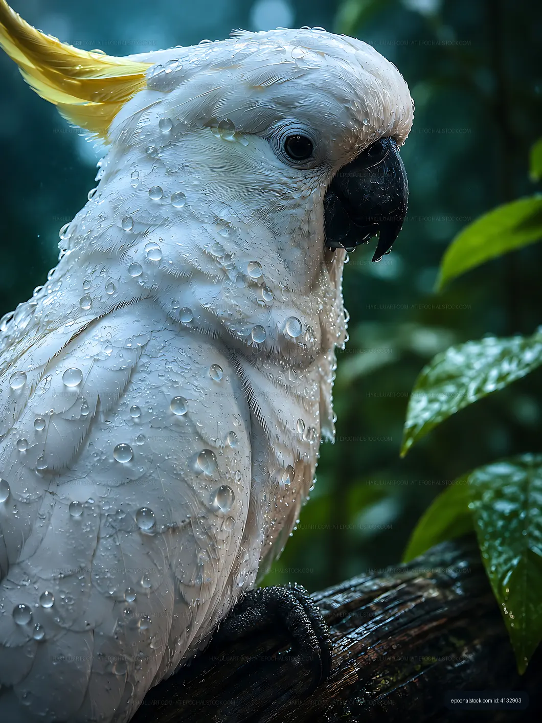 Cockatoo with water droplets on feathers in a rainforest setting